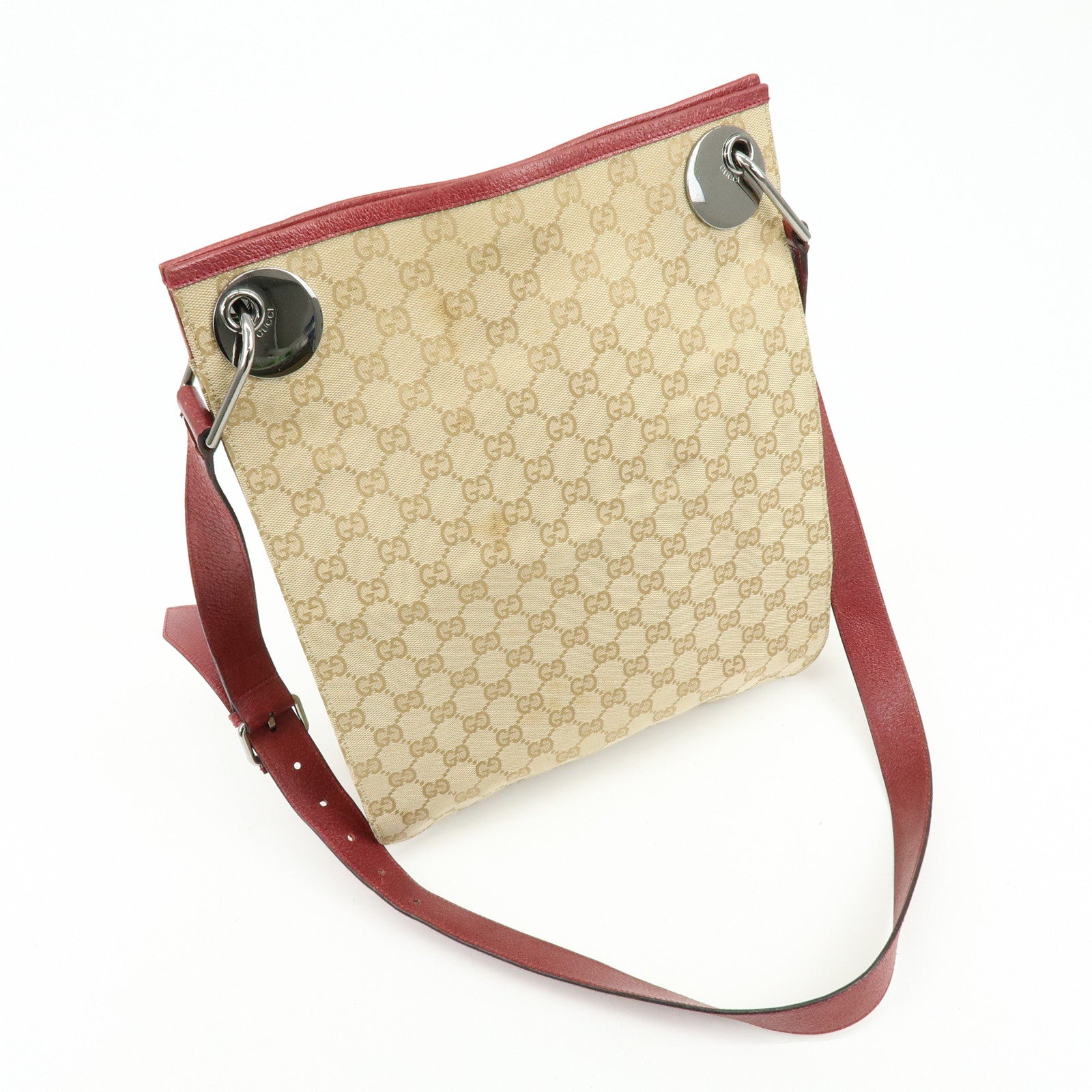 GUCCI GG Canvas Leather Shoulder Bag Crossbody Bag Beige Burgundy