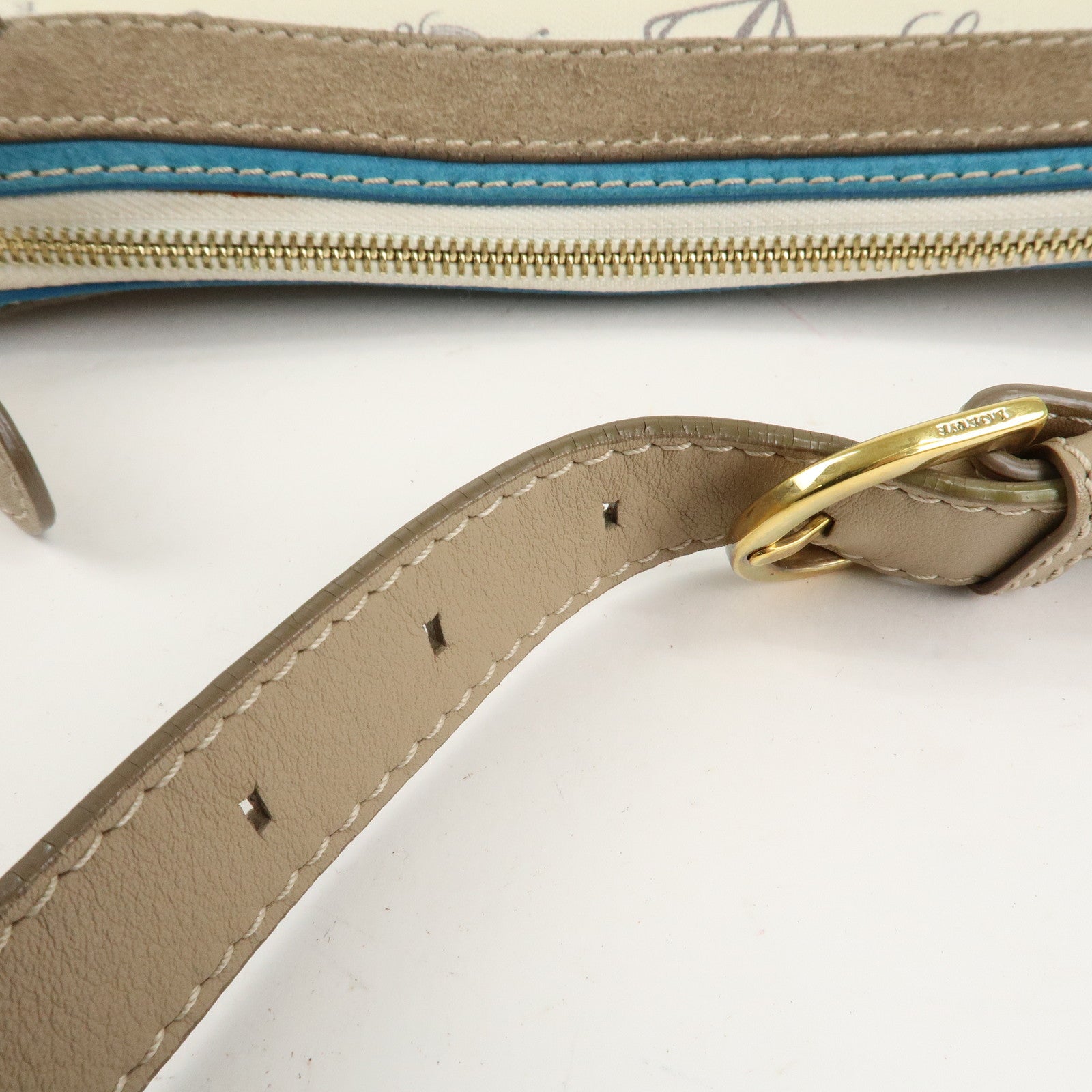 LOEWE Anagram Canvas Suede Leather Shoulder Bag Beige Blue Used
