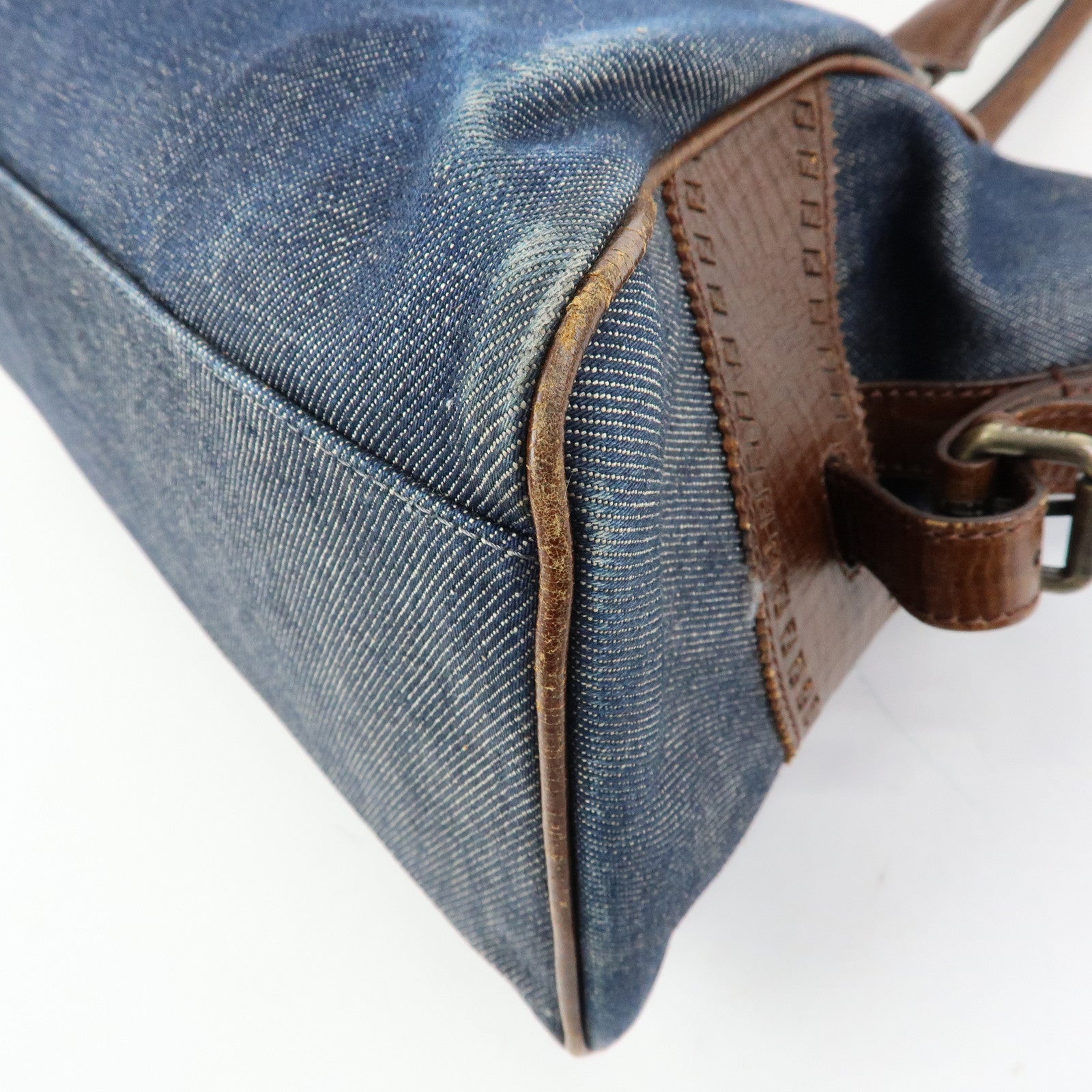 FENDI Etnico Denim Leather Shoulder Bag Indigo Blue Brown 8BN157