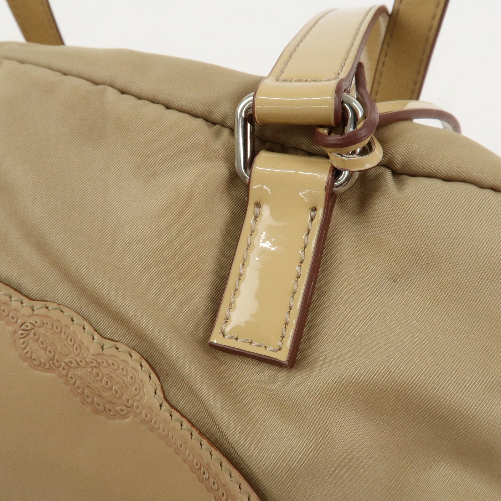 PRADA Logo Nylon Patent Leather Mini Boston Bag Beige BR3150
