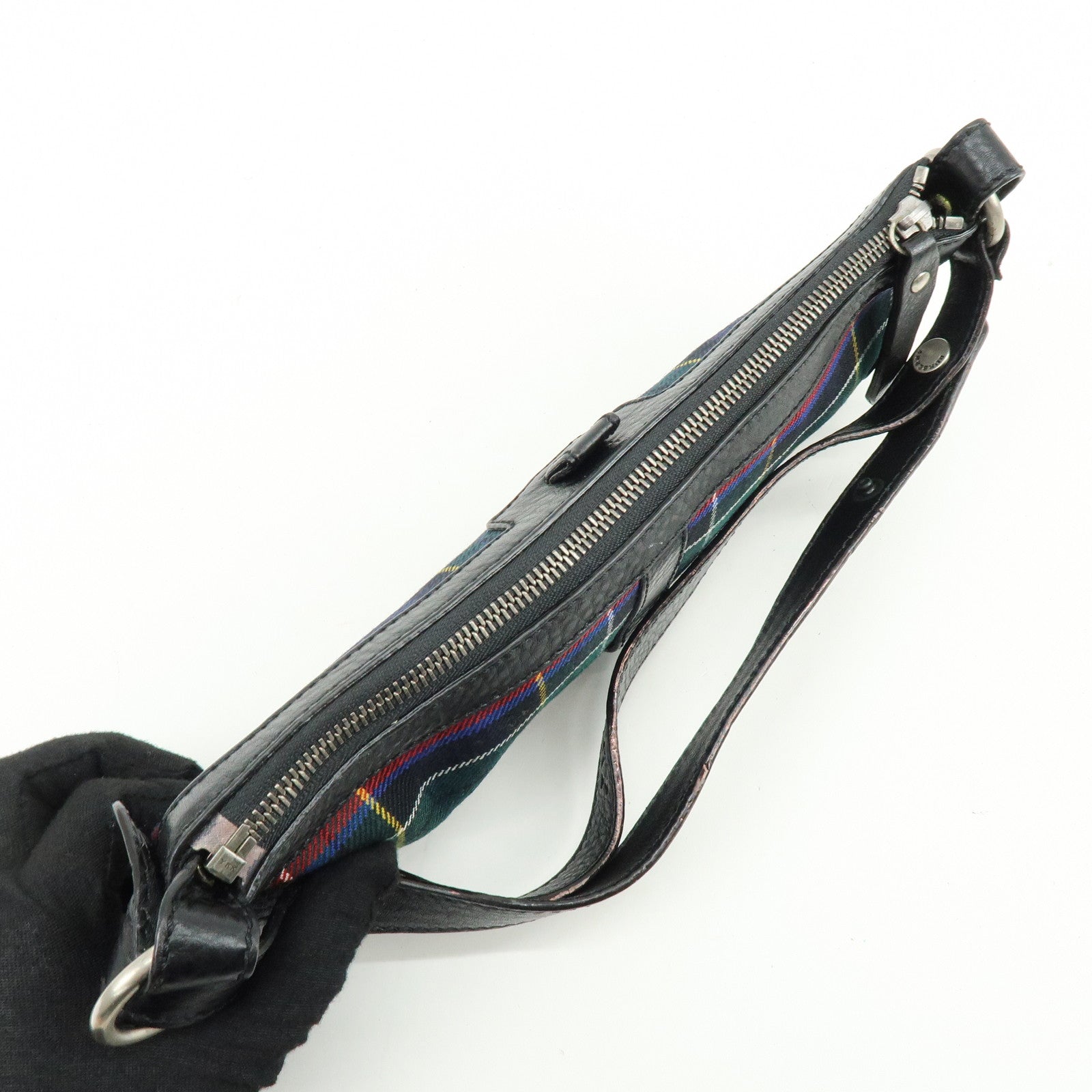 BURBERRY Canvas Leather Plaid Shoulder Bag Black Green