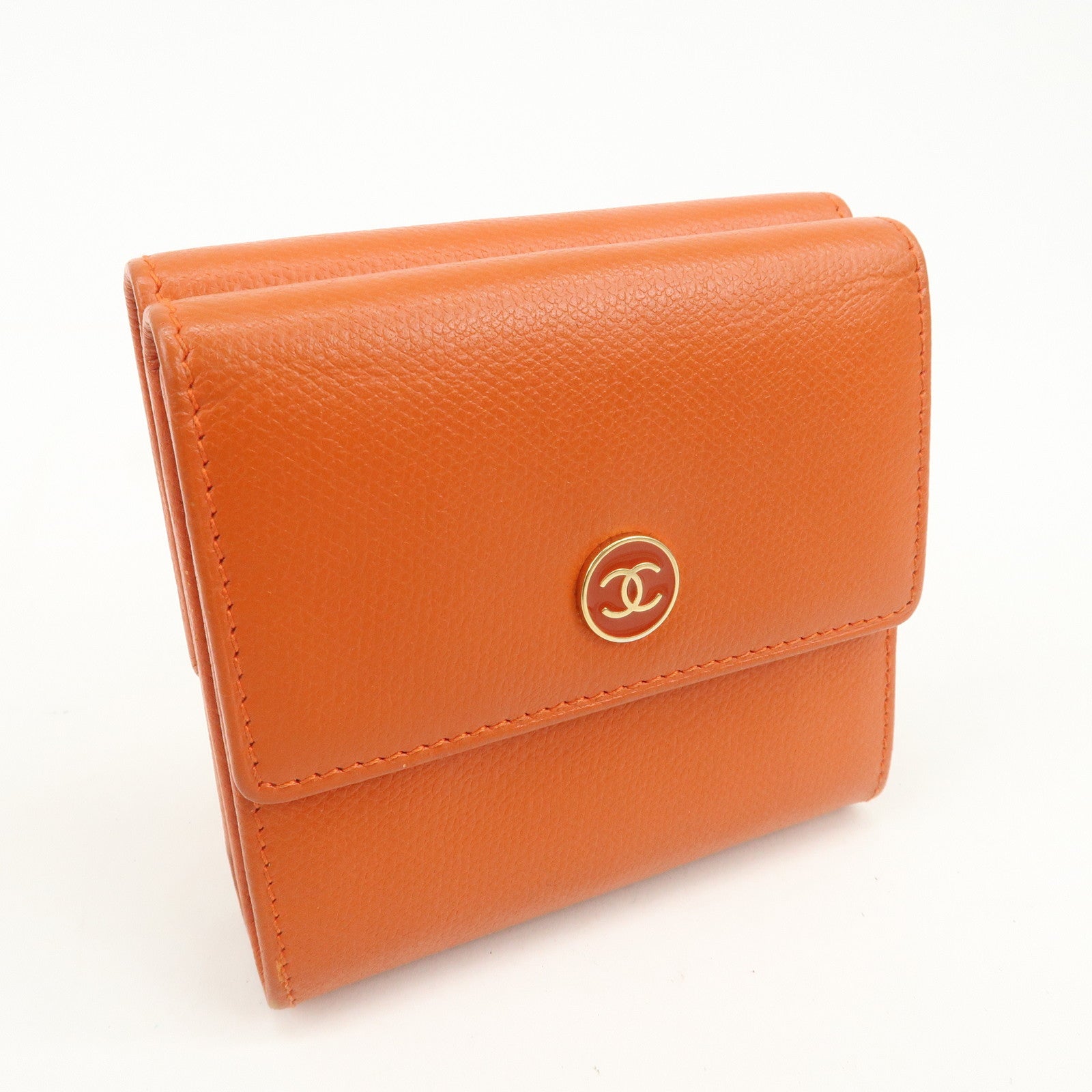 CHANEL COCO Button Leather W Hook Compact Wallet Orange A20902