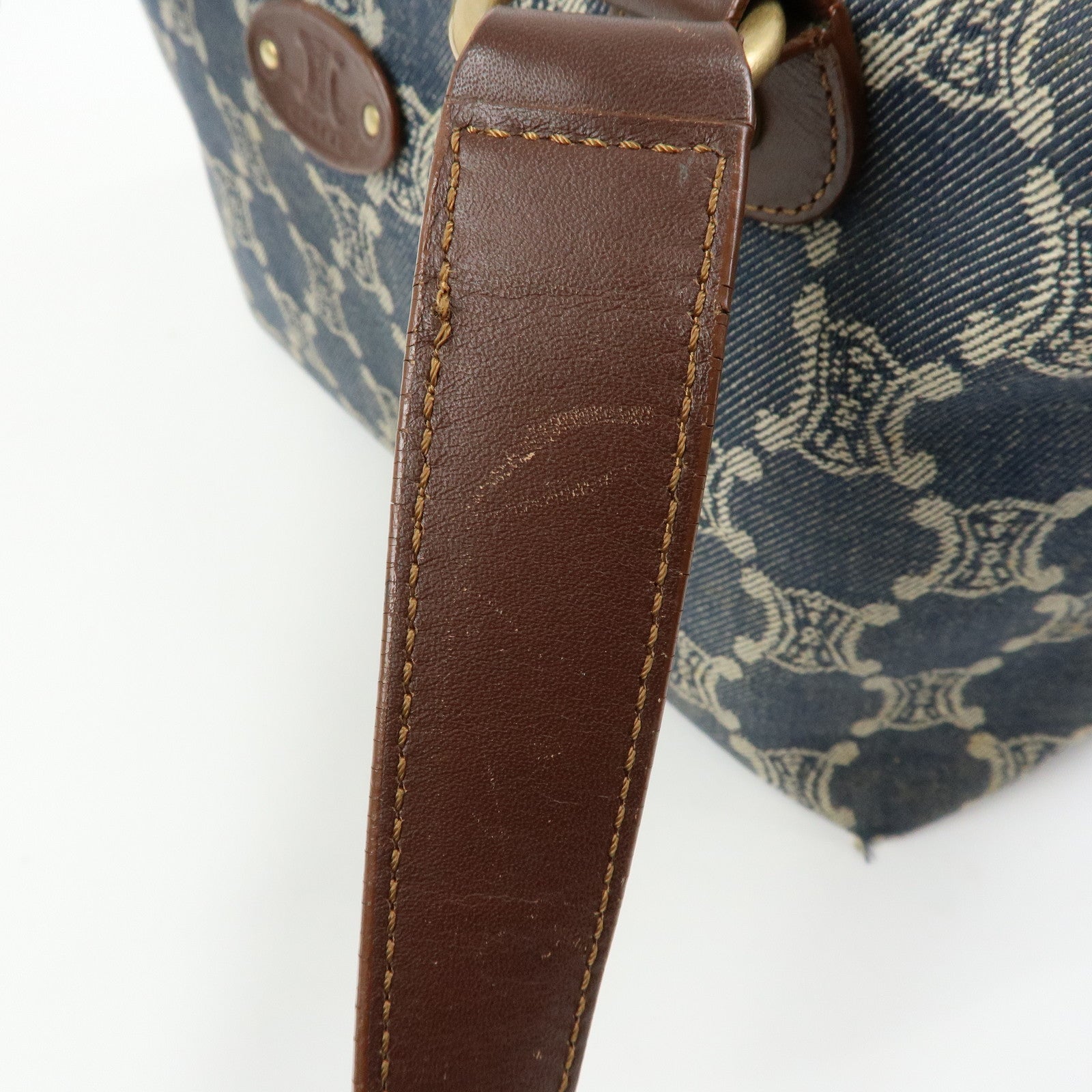 CELINE Macadam Denim Leather Shoulder Bag Hand Bag Blue Brown