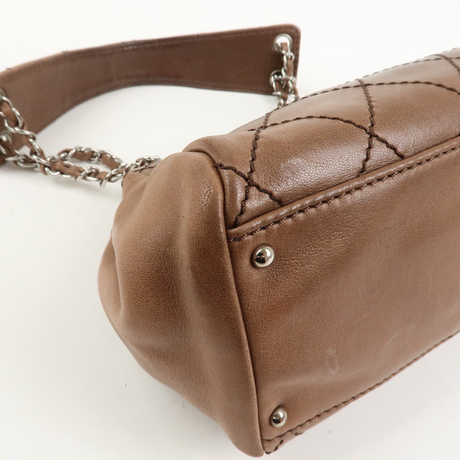 CHANEL Wild Stitch COCO Mark Lamb Skin Shoulder Bag Pink Beige