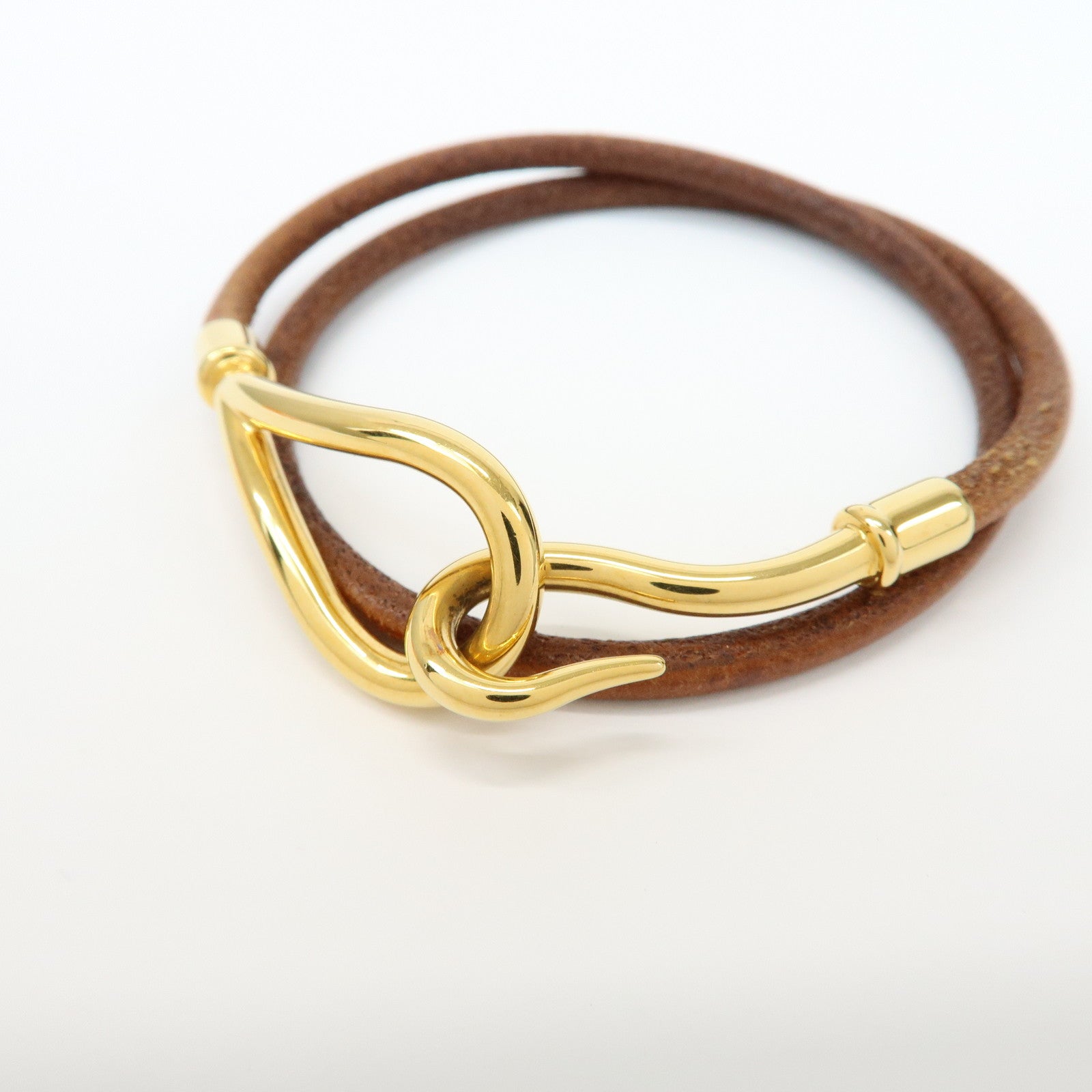 HERMES Set of 2 Jumbo Choker Leather Bracelet Brown Gold Silver