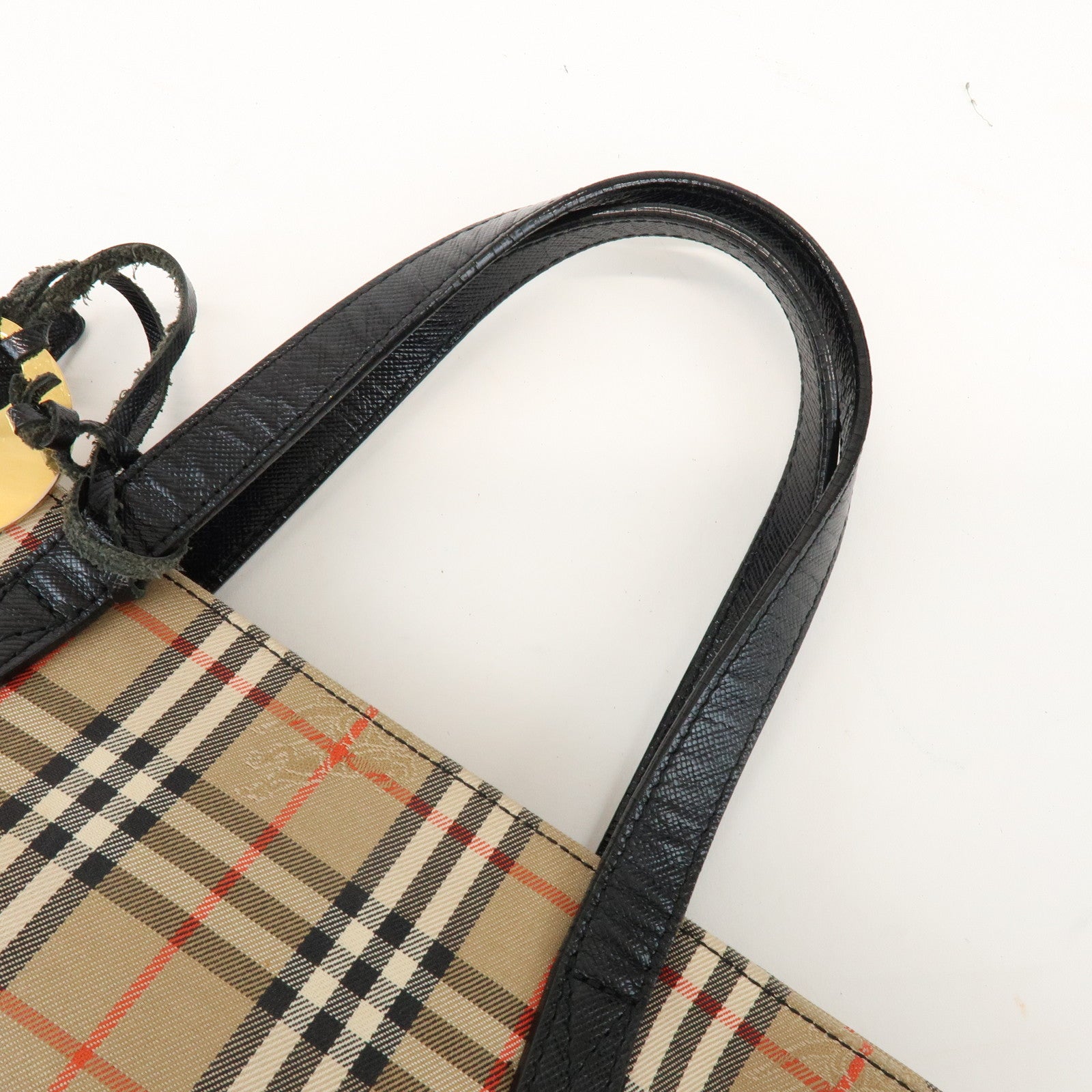 BURBERRY Nova Plaid Canvas Leather Small Hand Bag Black Beige