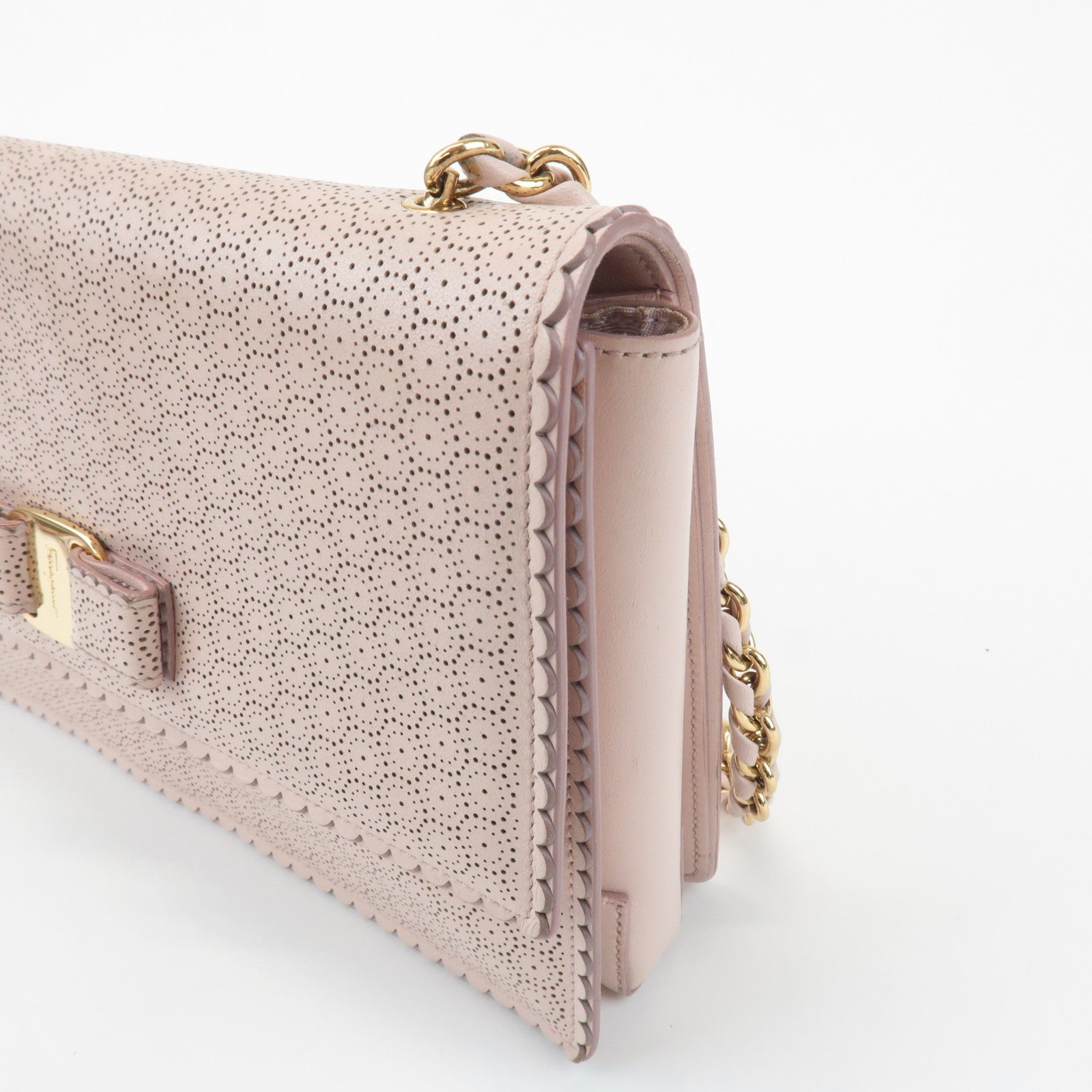 Ferragamo Vara Leather Ribbon Chain Shoulder Bag Pink Used