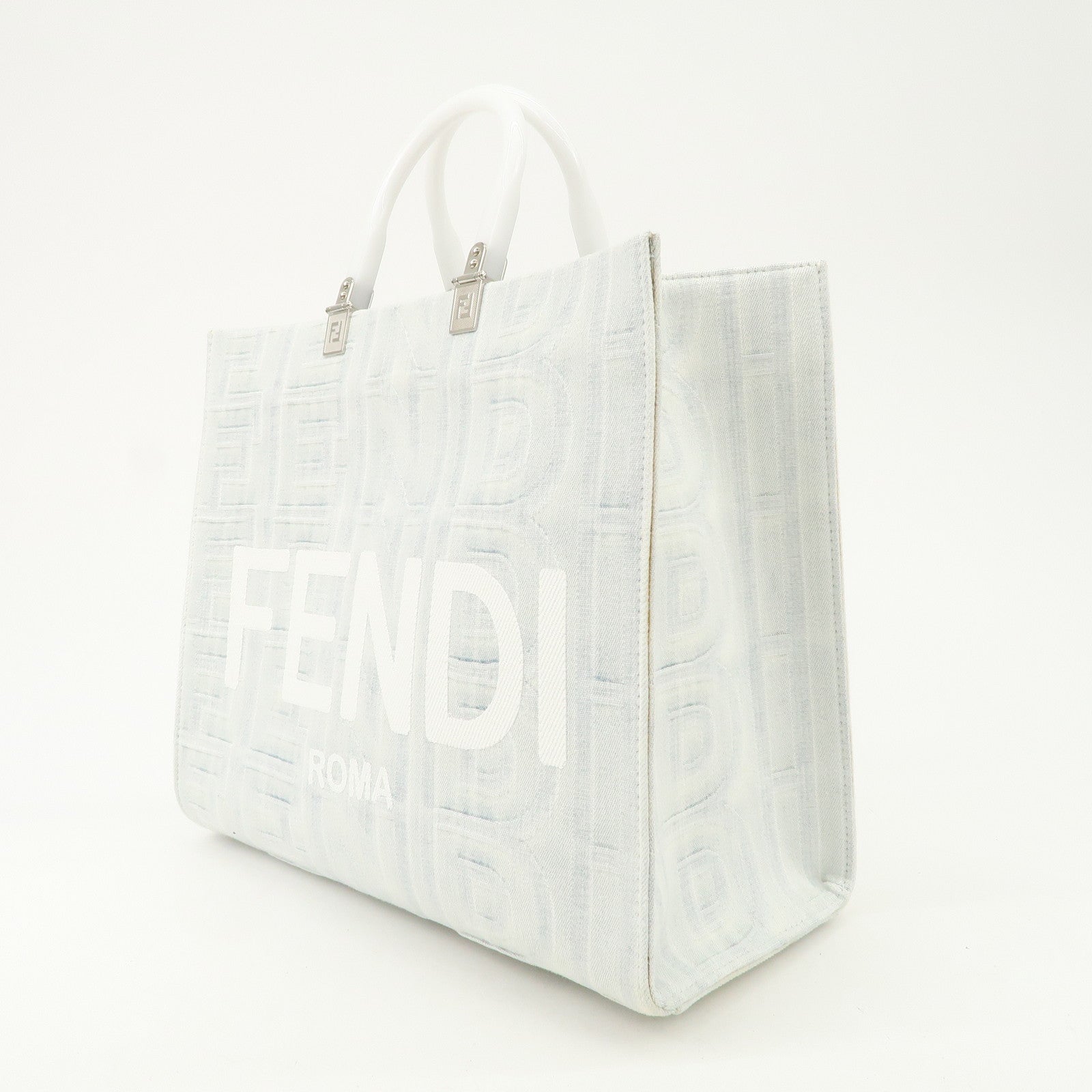 FENDI Leather Sunshine Medium 2Way Tote Bag Hand Bag White 8BH386 Used