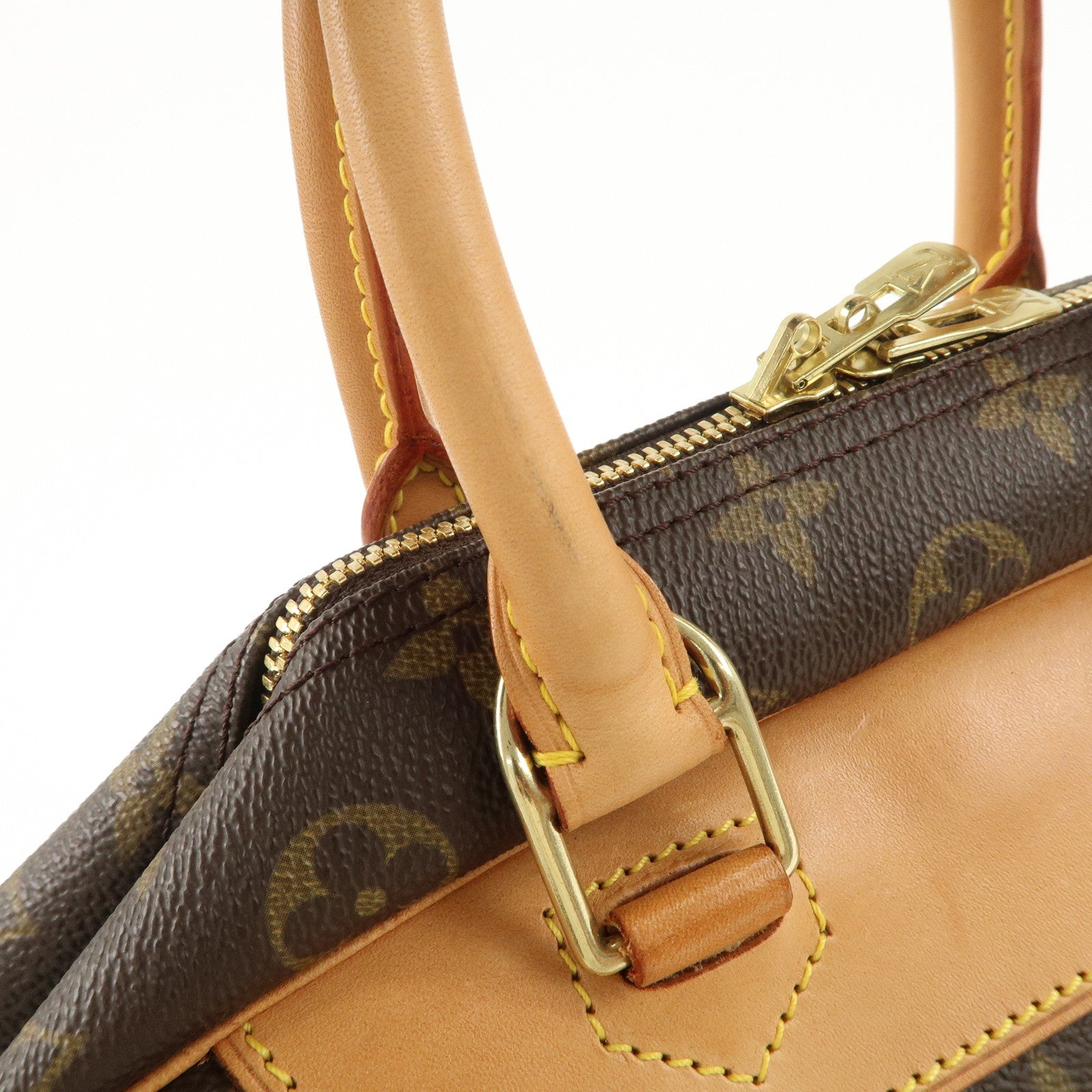 Louis Vuitton Leather Canvas Monogram Deauville Hand Bag Boston Bag Brown Gold Hardware M47270 Used
