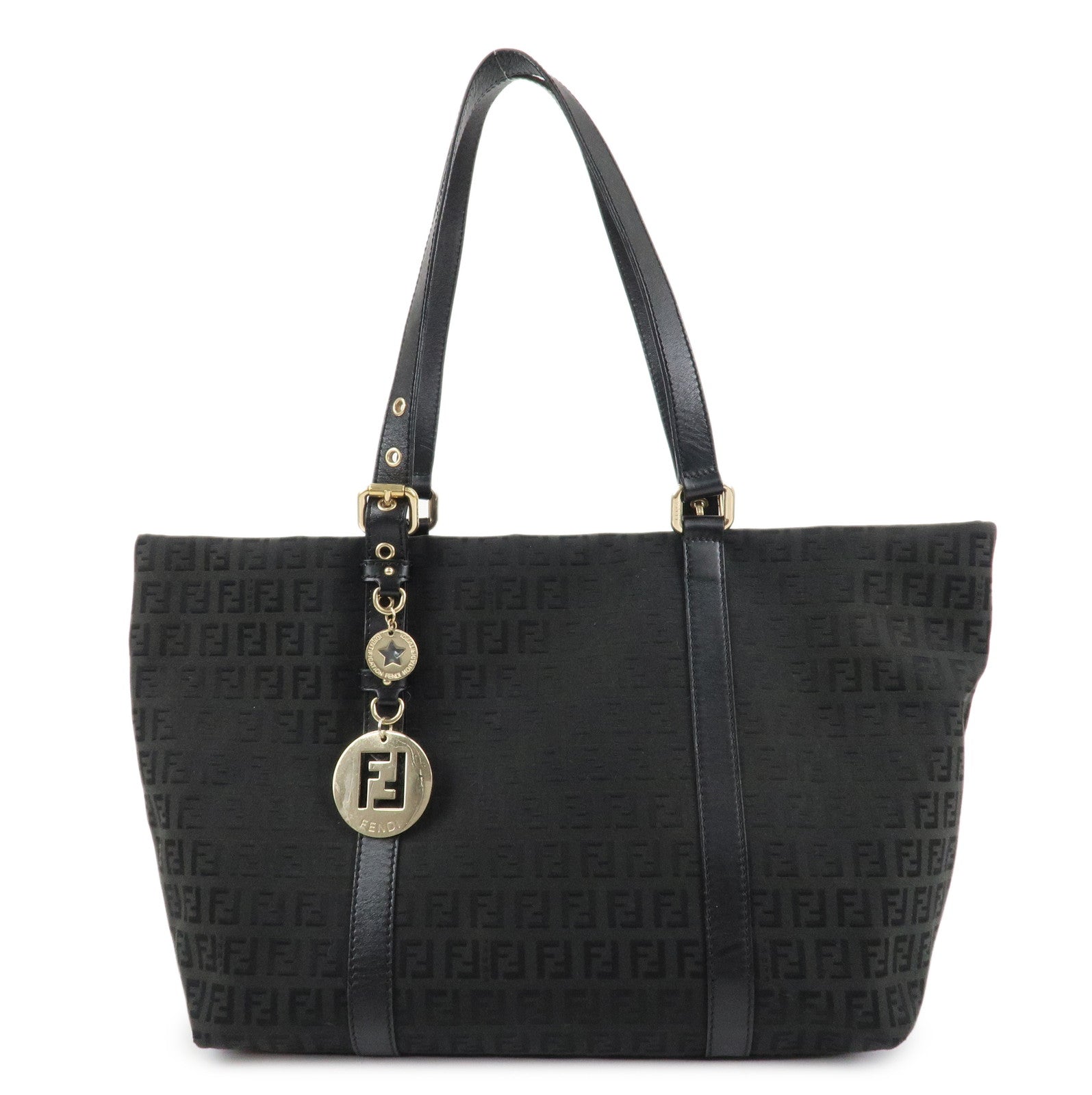 FENDI Zucchino Canvas Leather Tote Bag Shoulder Bag Black 8BH215 Used