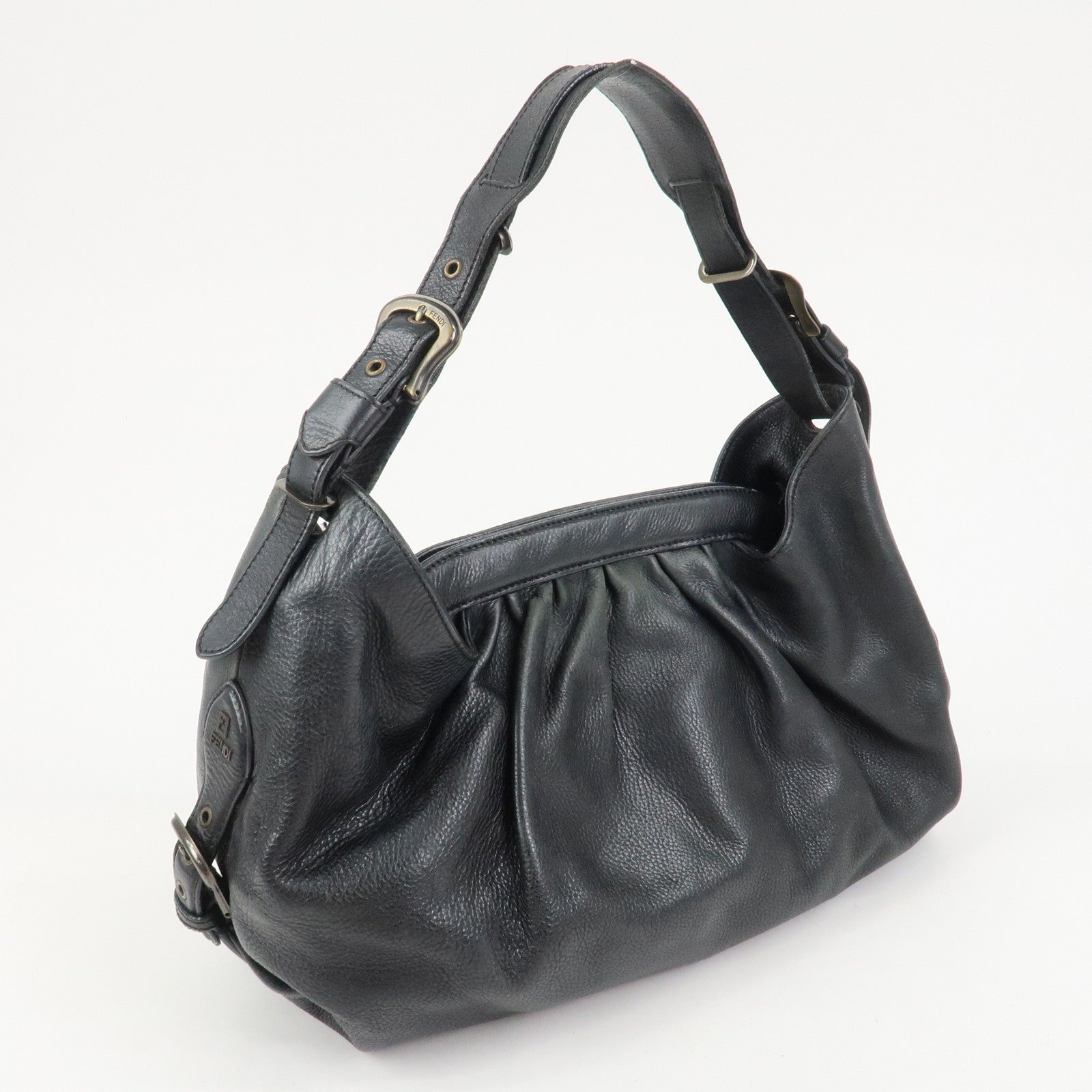 FENDI Logo Leather Shoulder Bag Tote Bag Black 8BR579