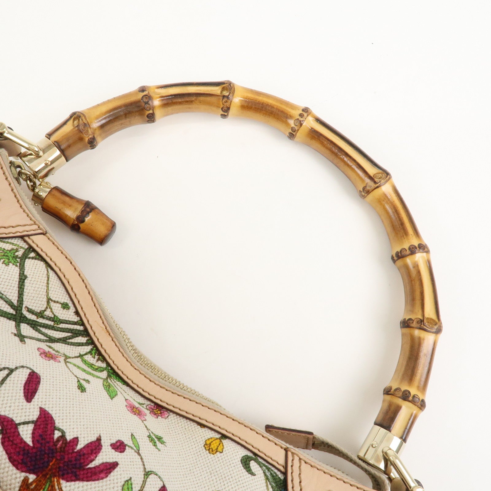 GUCCI Bamboo Canvas Leather Shoulder Bag Flora Ivory Pink 137383