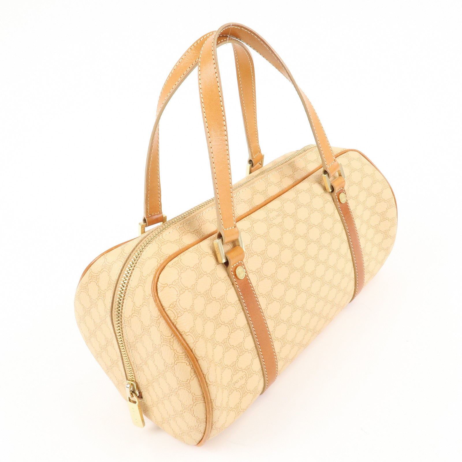 CELINE Macadam PVC Leather Mini Boston Bag Hand Bag Beige Used