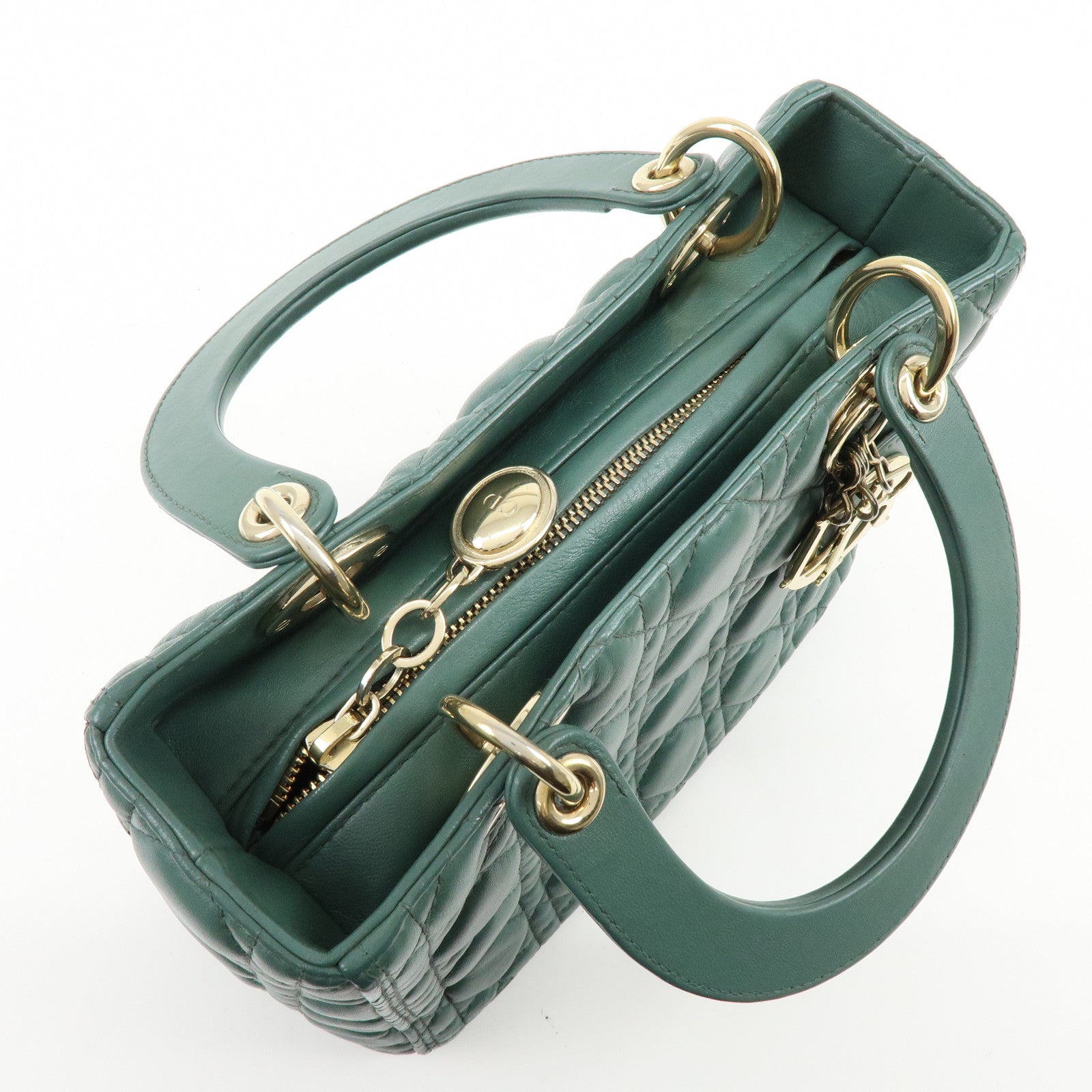 Christian Dior Lady Dior Cannage Lamb Skin 2Way Bag Hand Bag Green