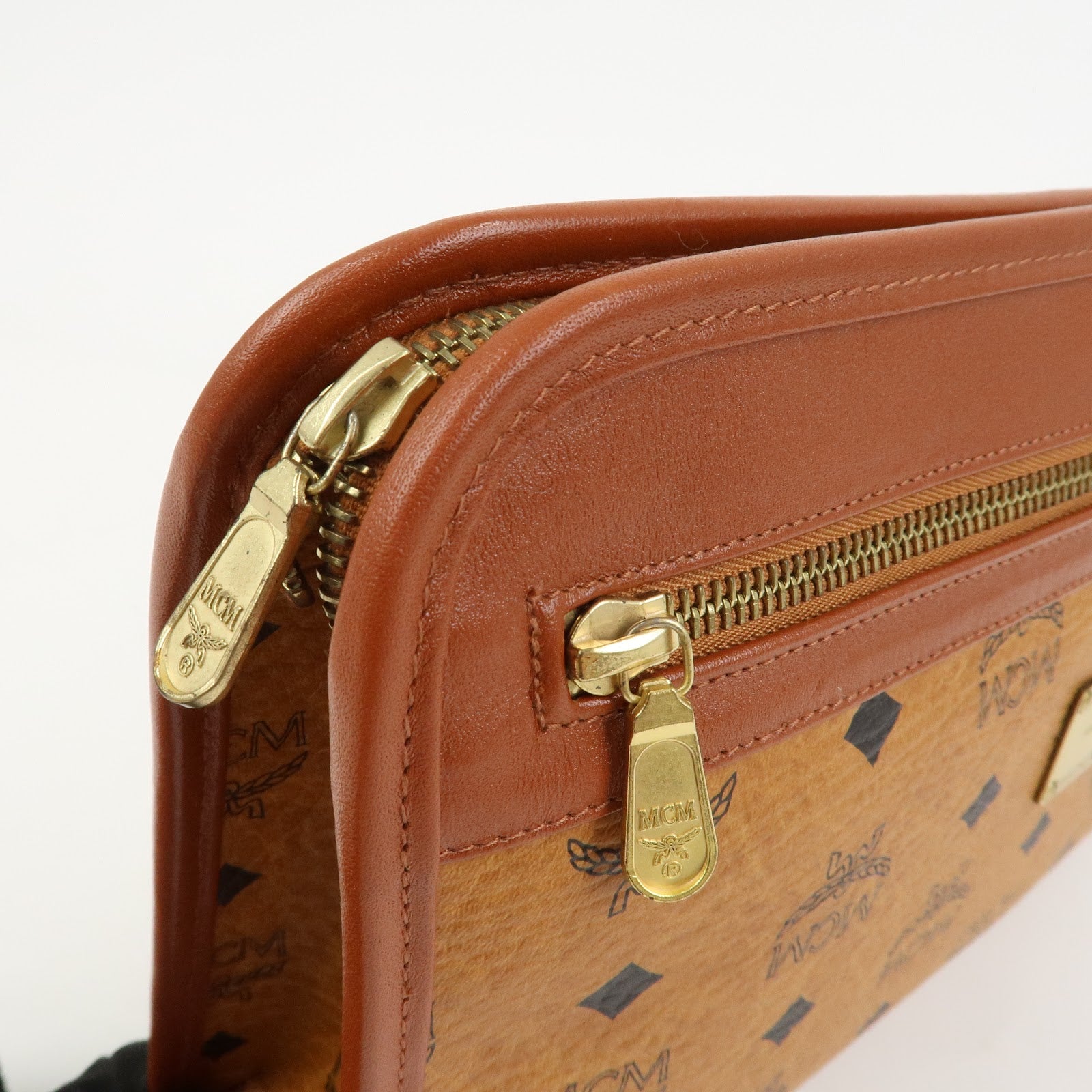 MCM Visetos Leather Clutch Bag Pouch Light Brown
