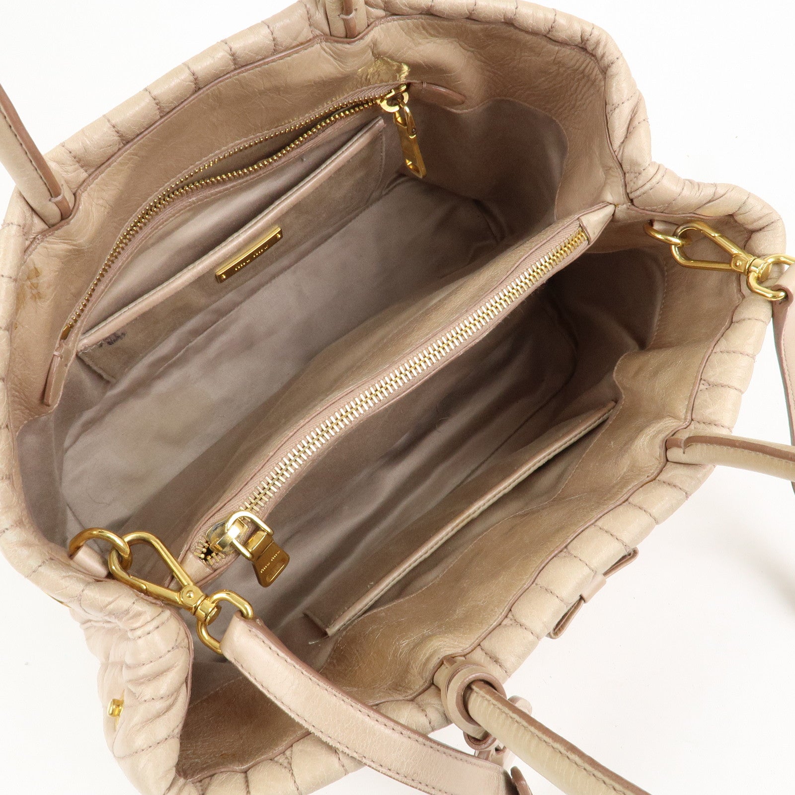 MIU MIU Leather Ribbon 2Way Shoulder Bag Hand Bag Tote Bag Beige RN1096