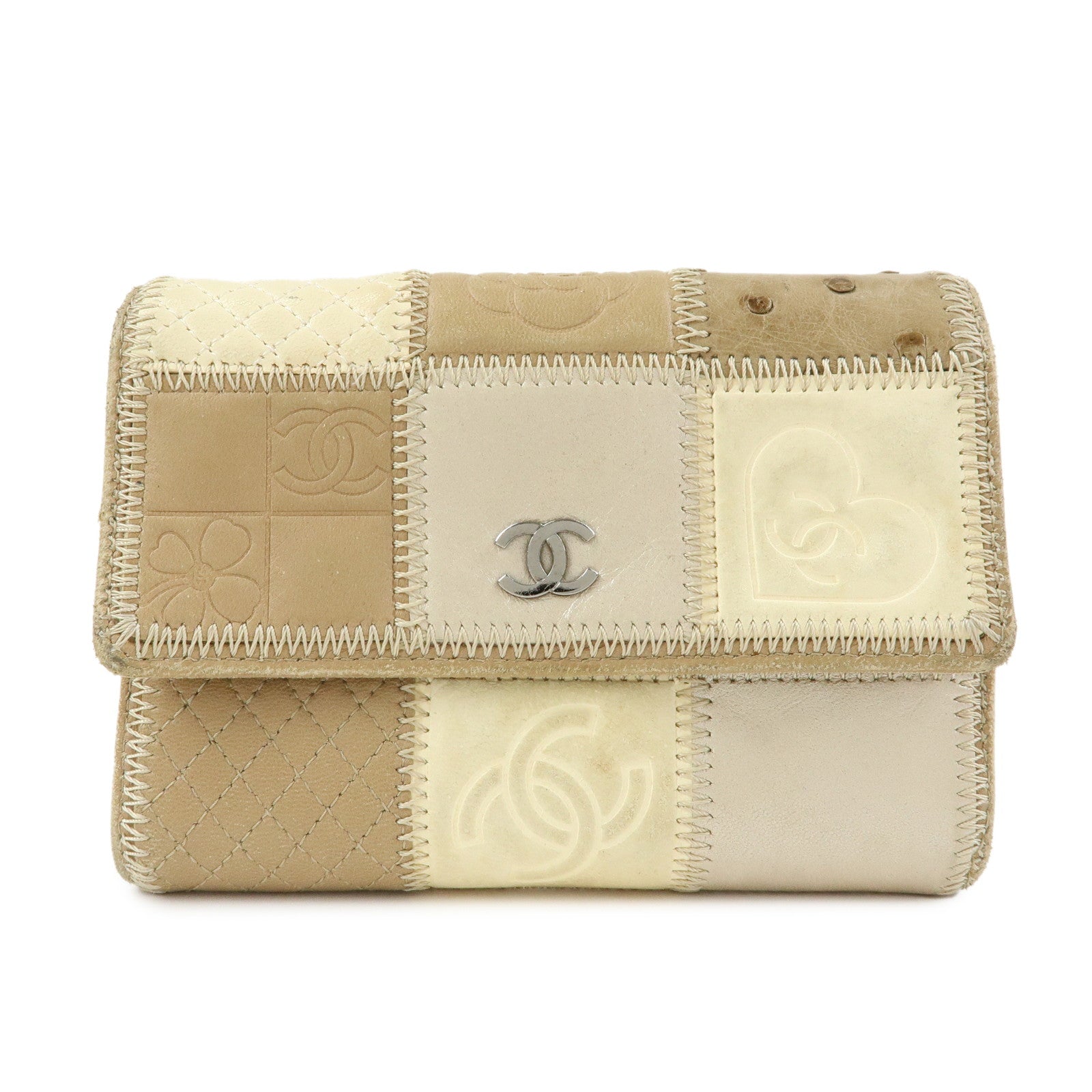 CHANEL Icon Line Unborn Calf Leather Patchwork Compact Wallet Beige