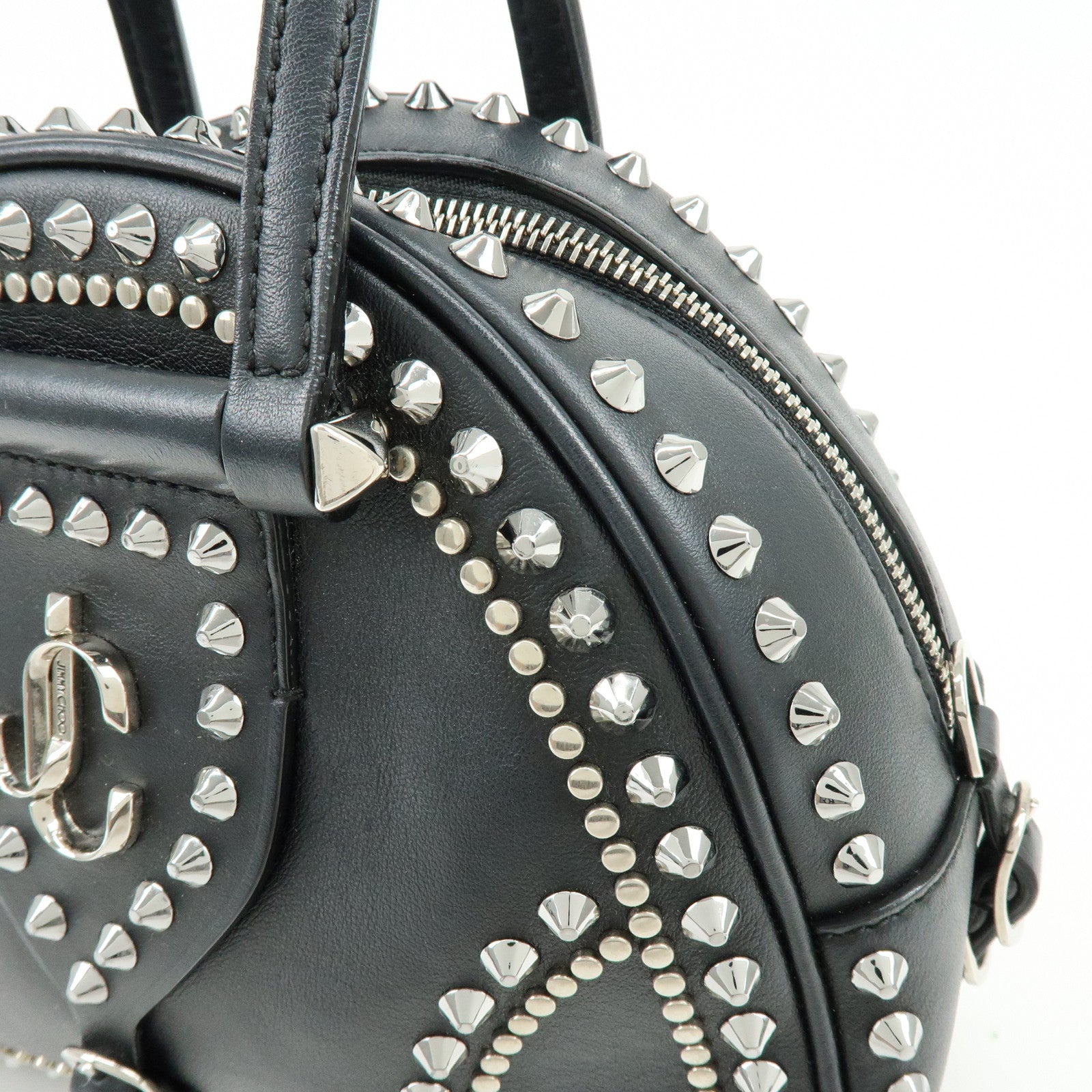 JIMMY CHOO Varenne Leather Bowling Bag Hand Bag Studs Black