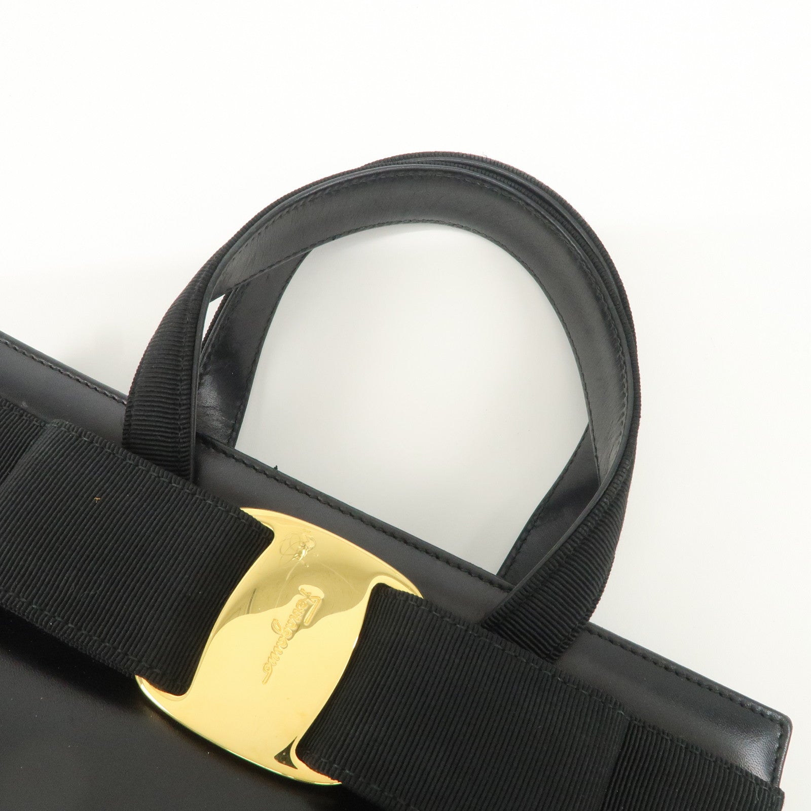 Ferragamo Vara Ribbon Leather Hand Bag Black Gold HDW