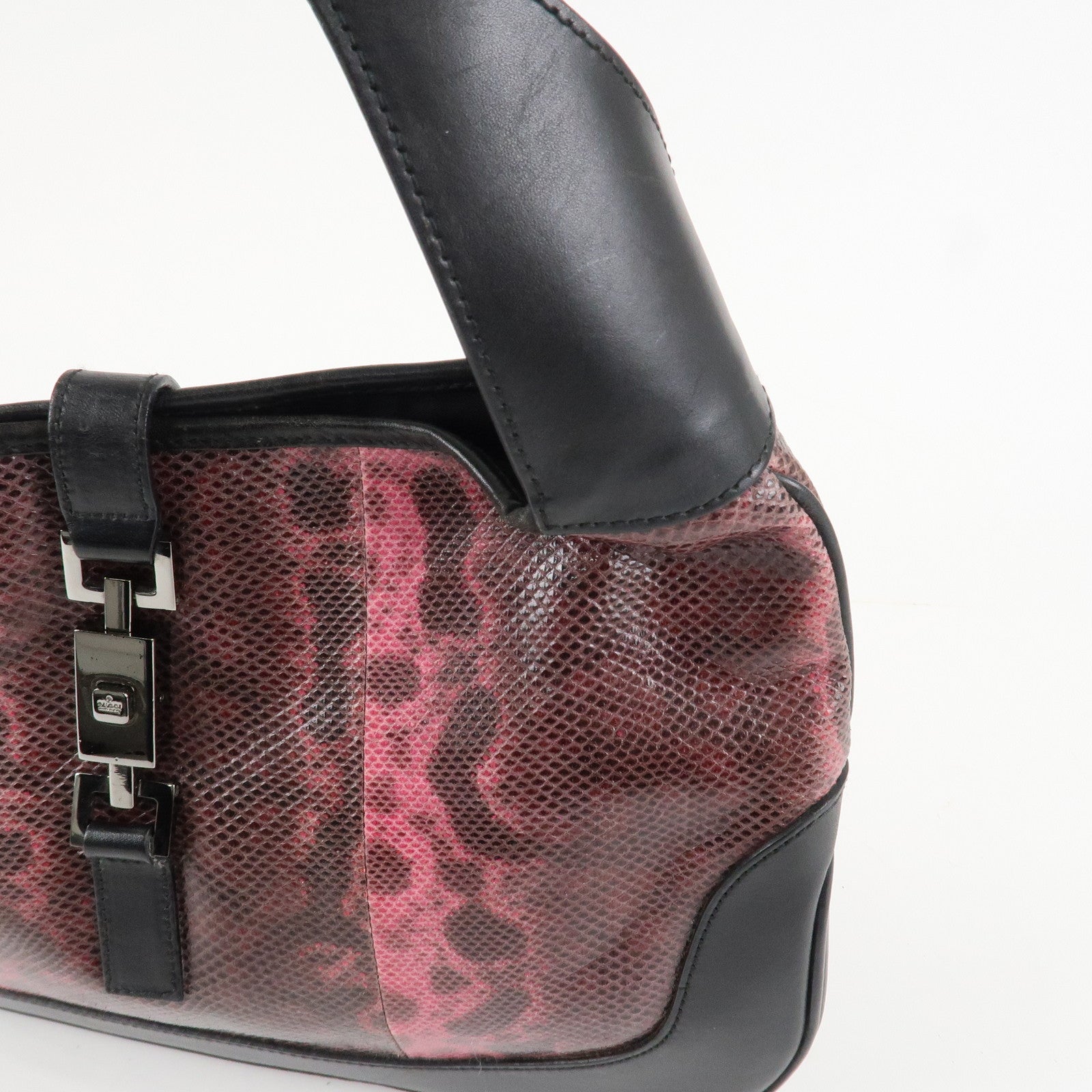GUCCI Jackie Leather Python Shoulder Bag Black Pink 001.3306.3444 Used