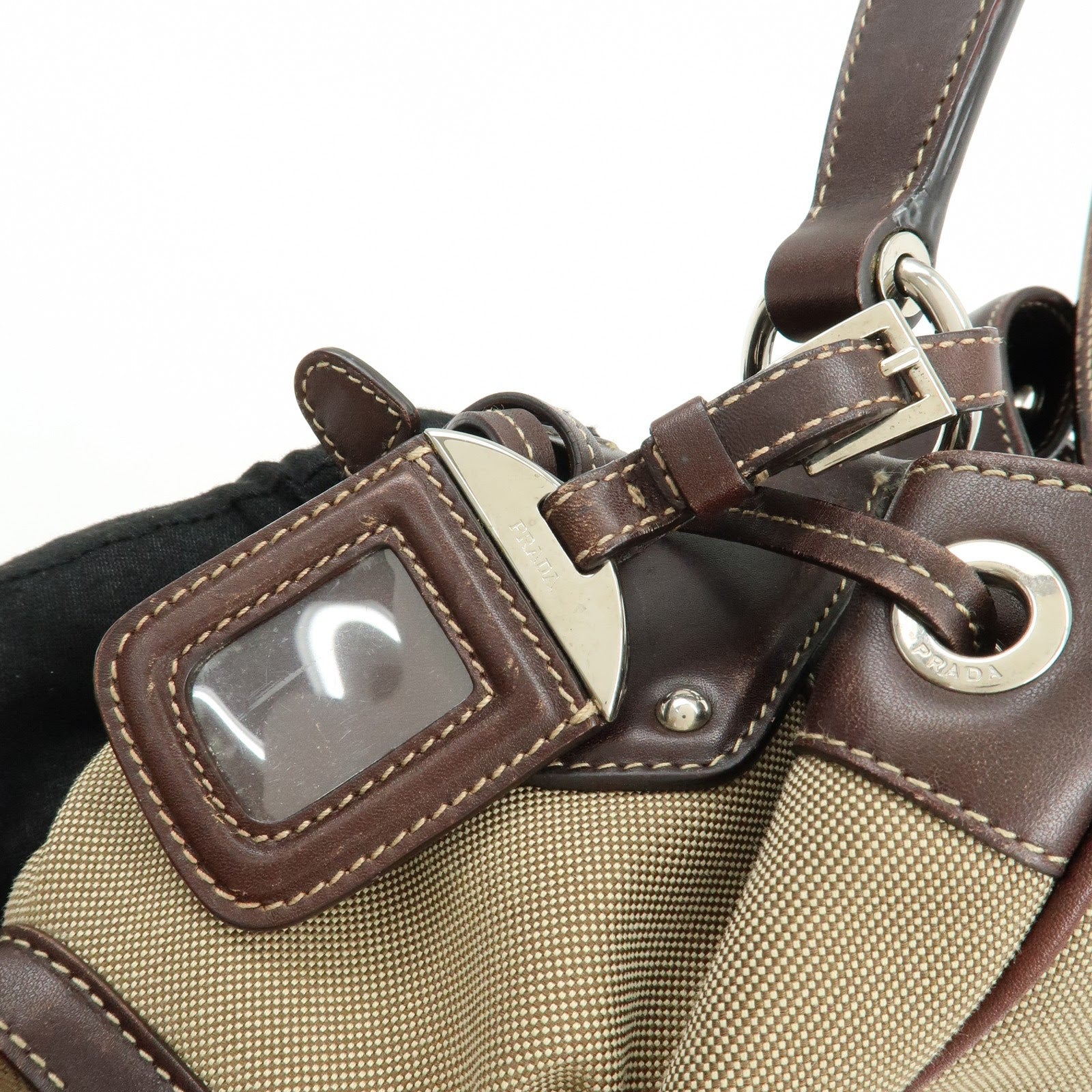 PRADA Logo Jacquard Canvas Embossed Leather Shoulder Bag BR3433