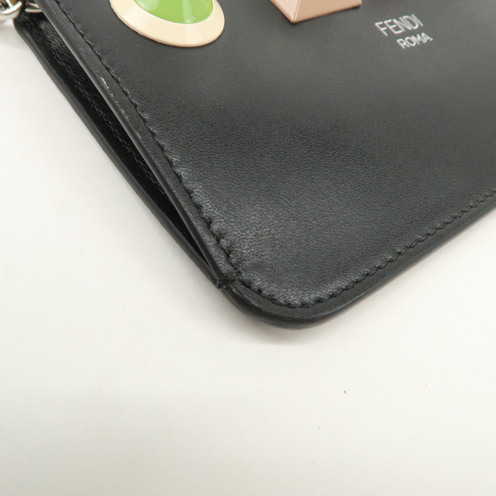 FENDI Logo Leather Studs Coin Purse Coin Case Black 8AP151 Used