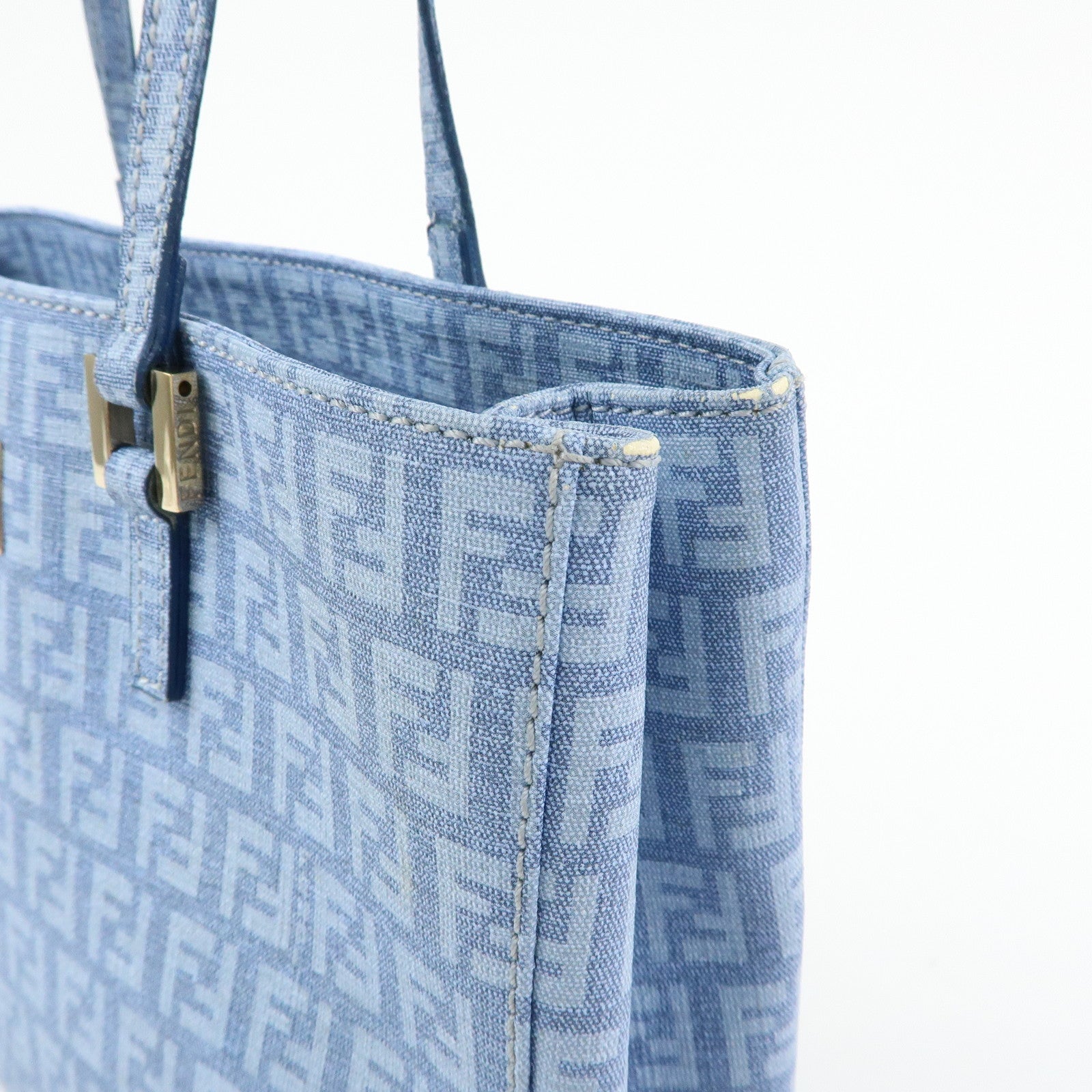 FENDI Logo Zucchino PVC Hand Bag Tote Bag Light Blue 8BH132