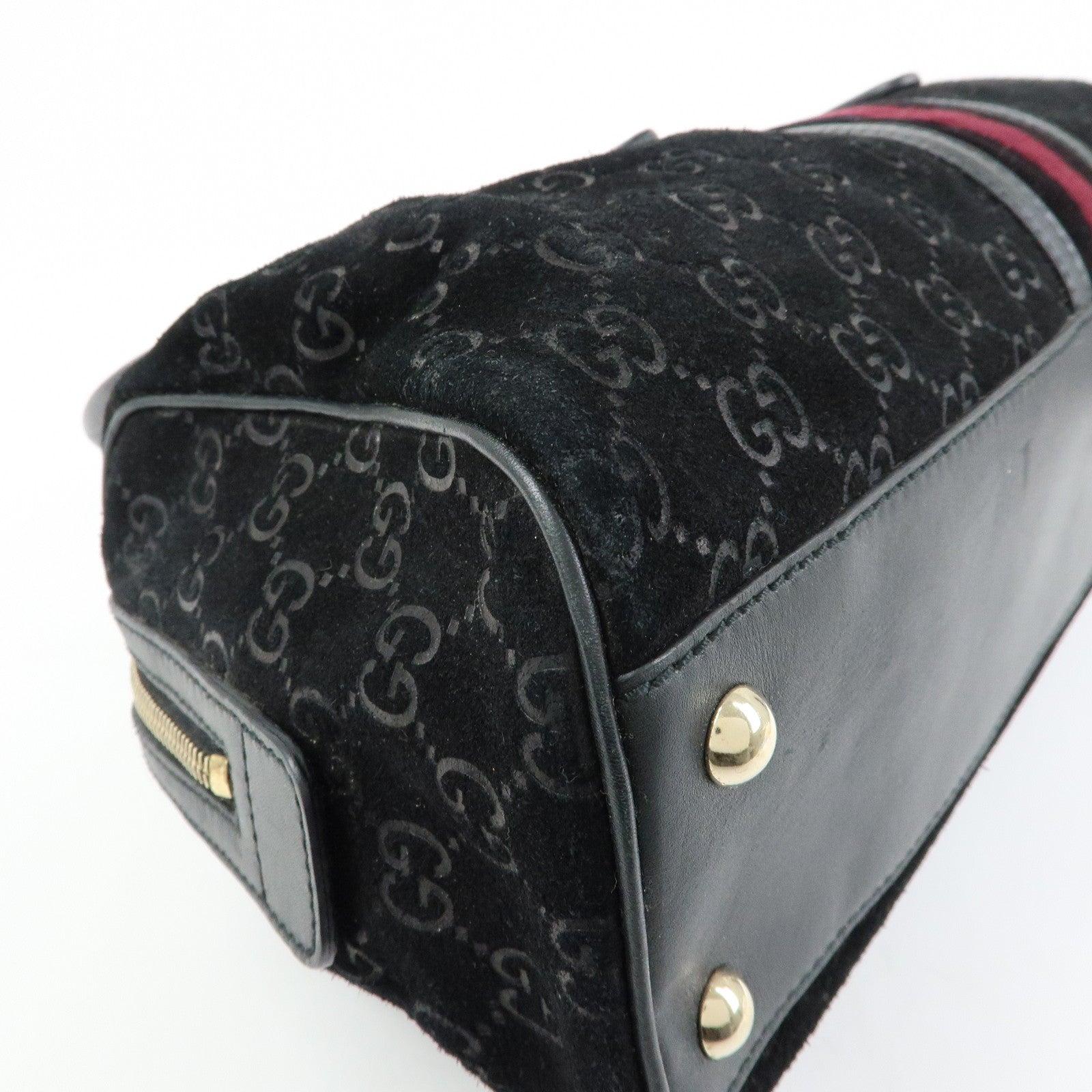 GUCCI GG Suede Leather Boston Bag Hand Bag Black Bordeaux 162739