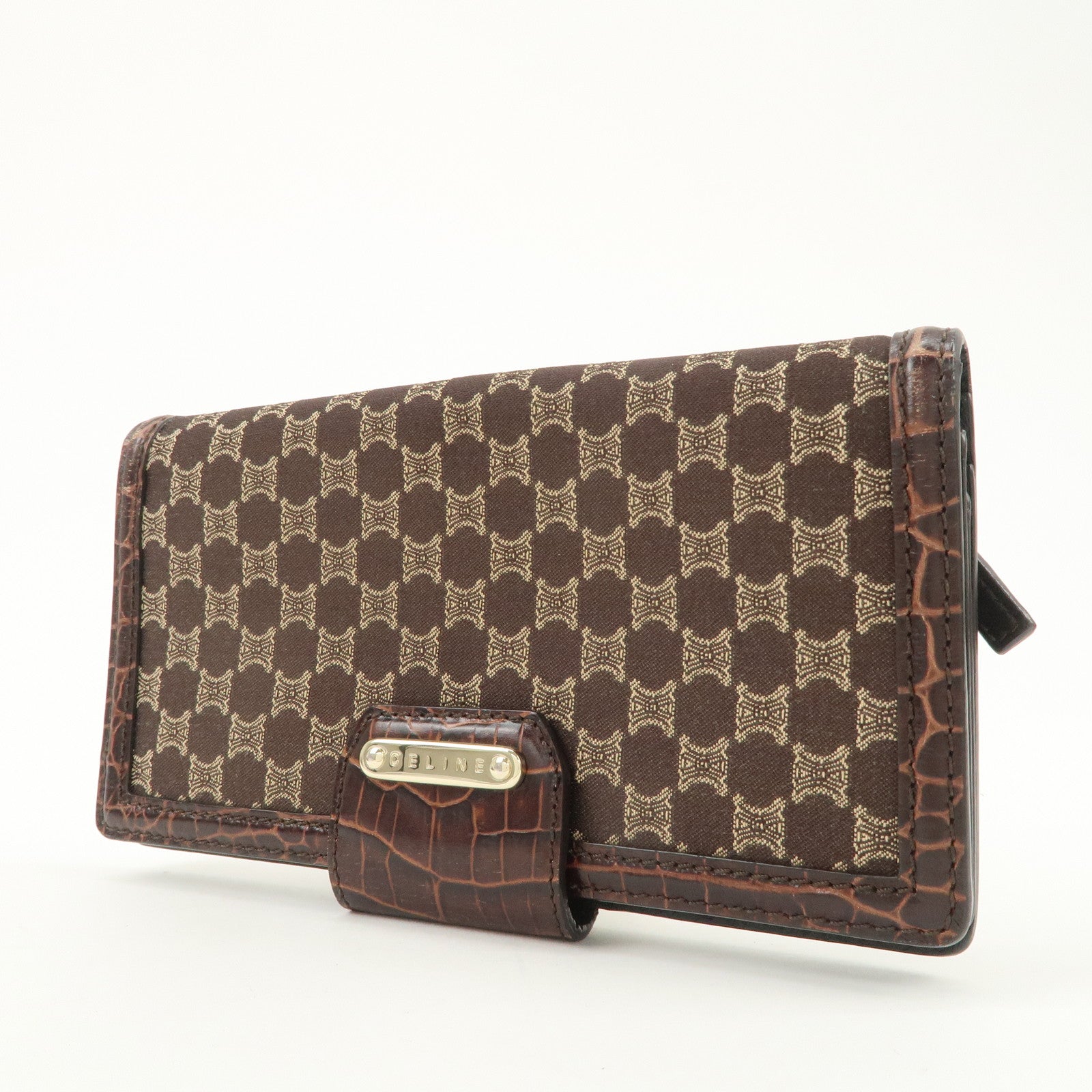 CELINE Macadam Canvas Leather Flap Long Wallet Brown