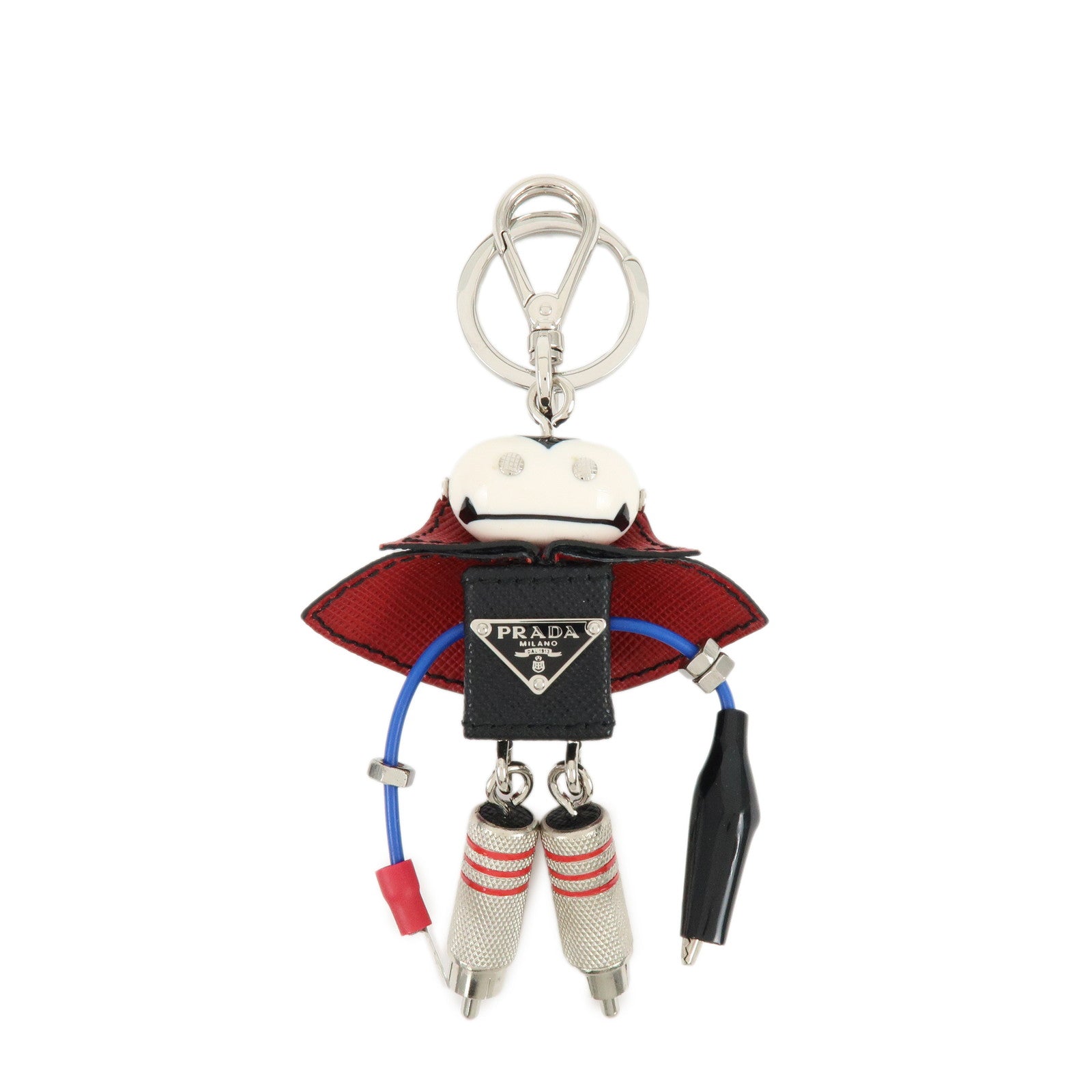 PRADA Triangle Logo Metal Saffiano Leather Bag Key Charm Black Red