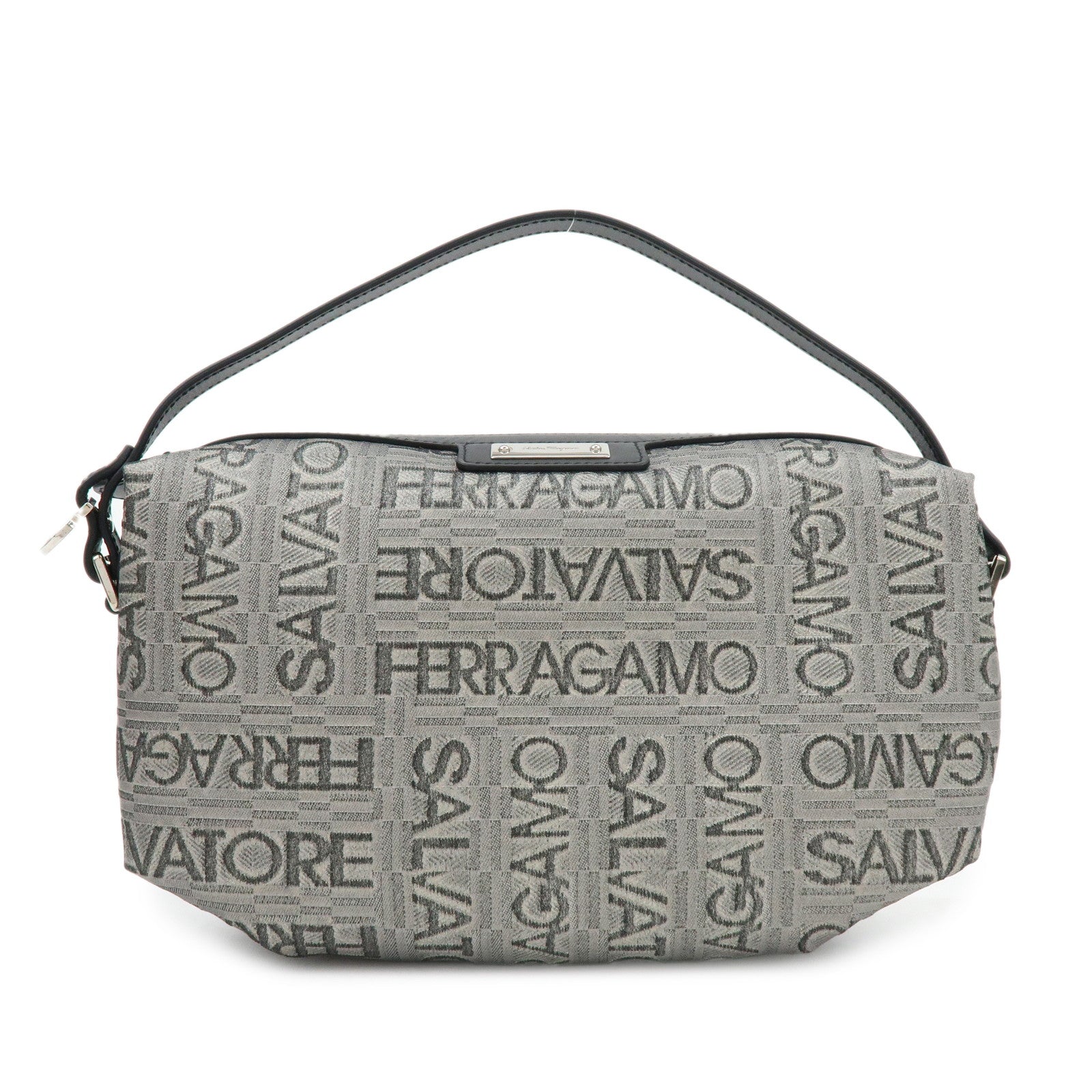 Ferragamo Gancini Logo Canvas Leather Hand Bag Pouch Silver Black