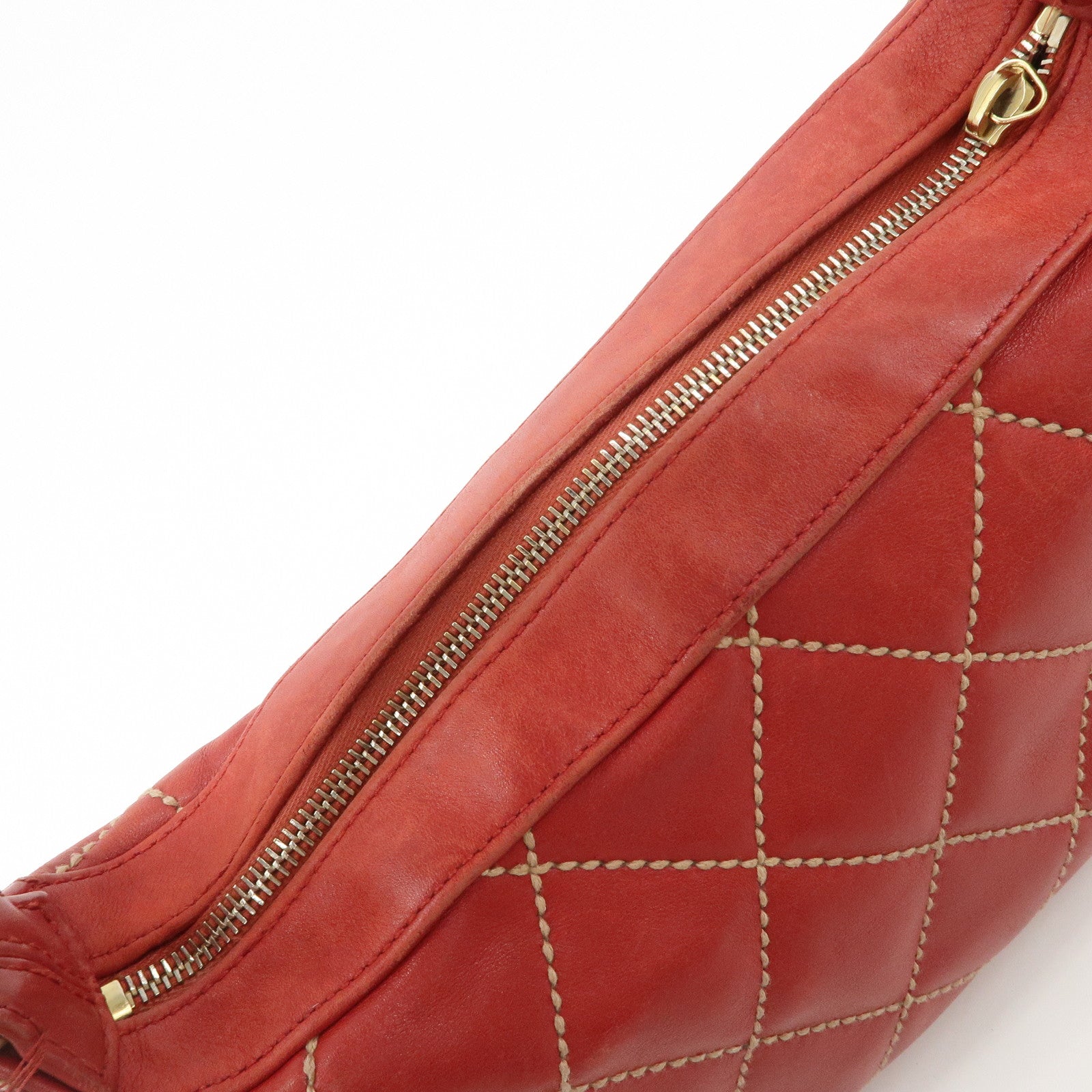 CHANEL COCO Mark Wild Stitch Lamb Skin Leather Hand Bag Red