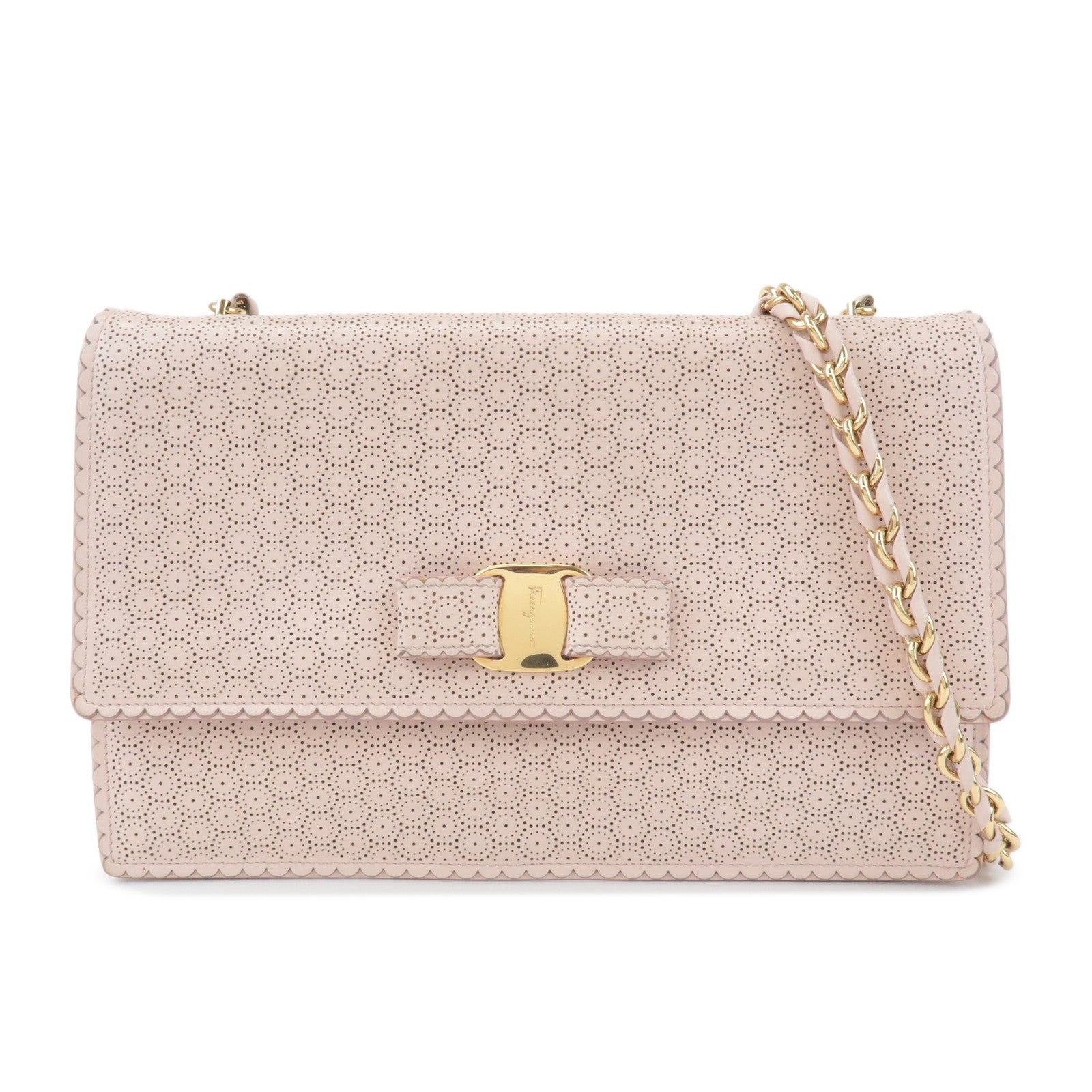 Ferragamo Vara Leather Ribbon Chain Shoulder Bag Pink Used