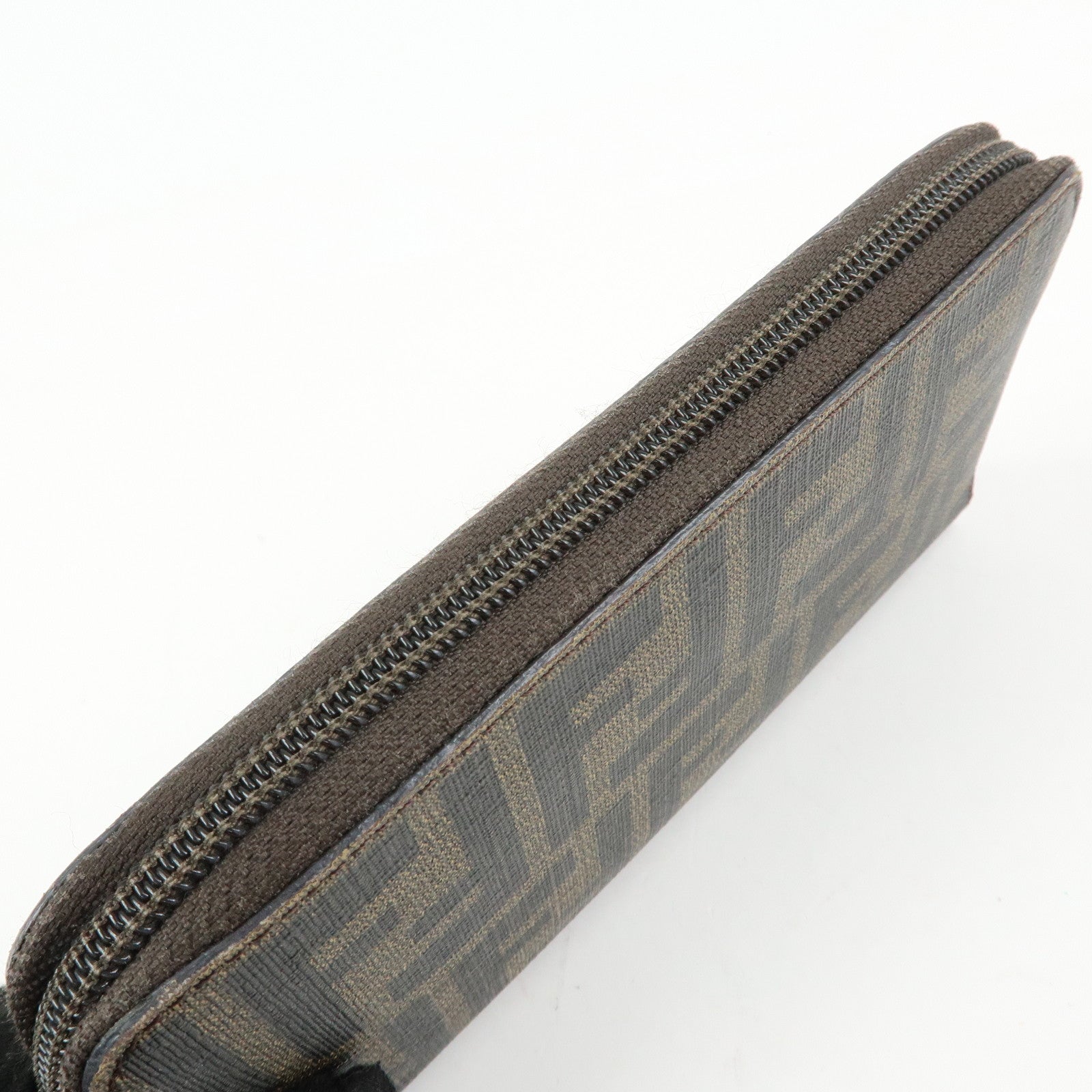 FENDI Zucchino Canvas Leather Round Zippy Long Wallet Brown 8M0024