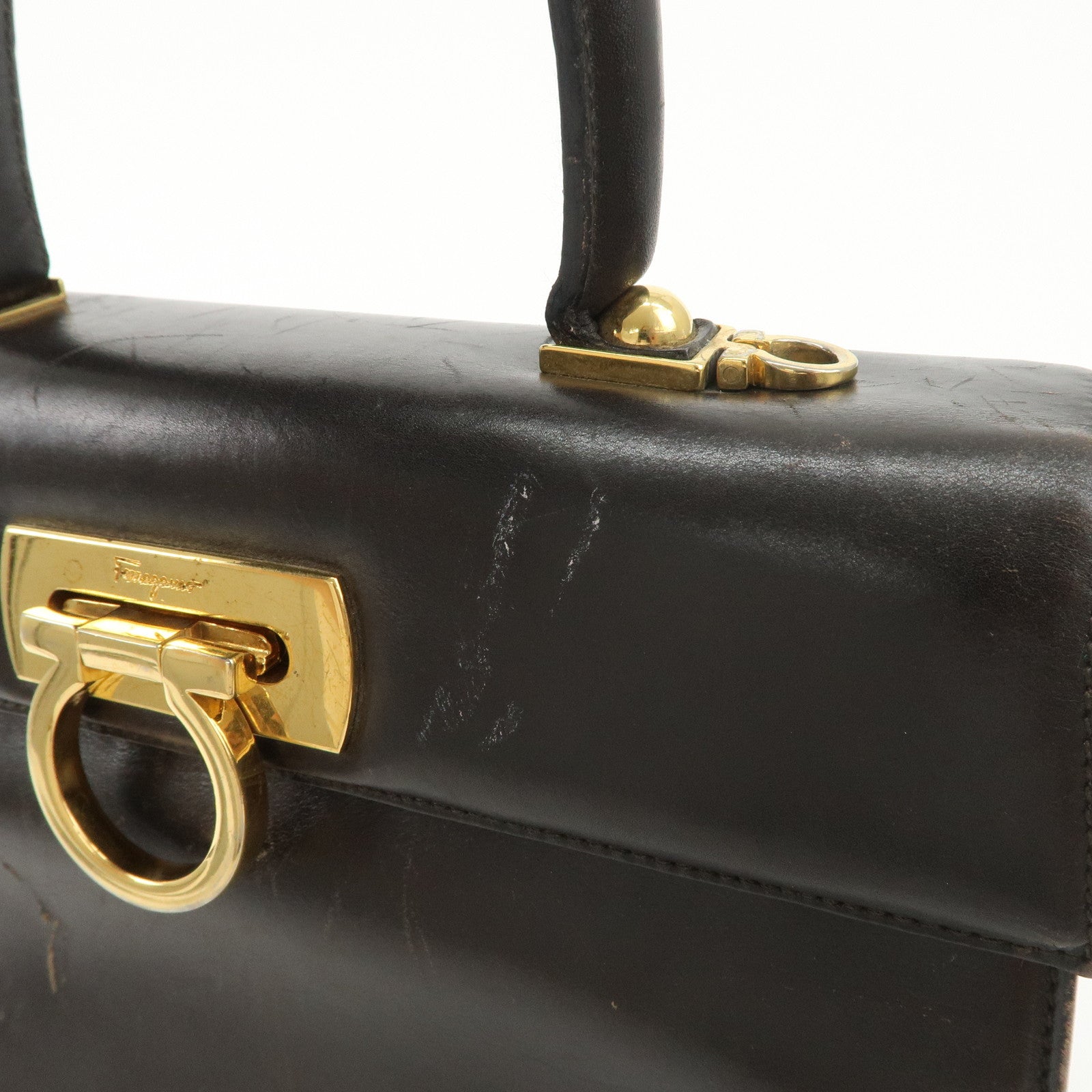 Ferragamo Gancini Leather 2Way Hand Bag Shoulder Bag Brown