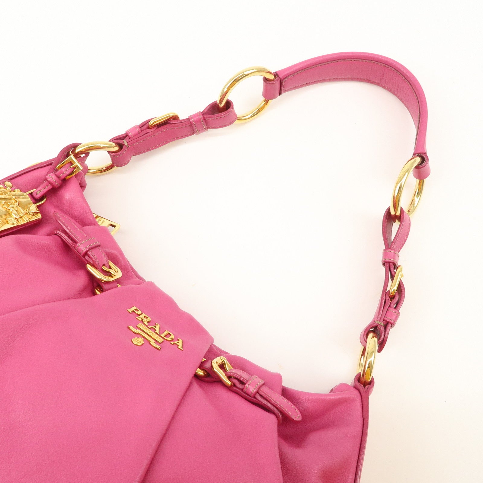 PRADA Logo Leather Shoulder Bag Pink Gold HDW