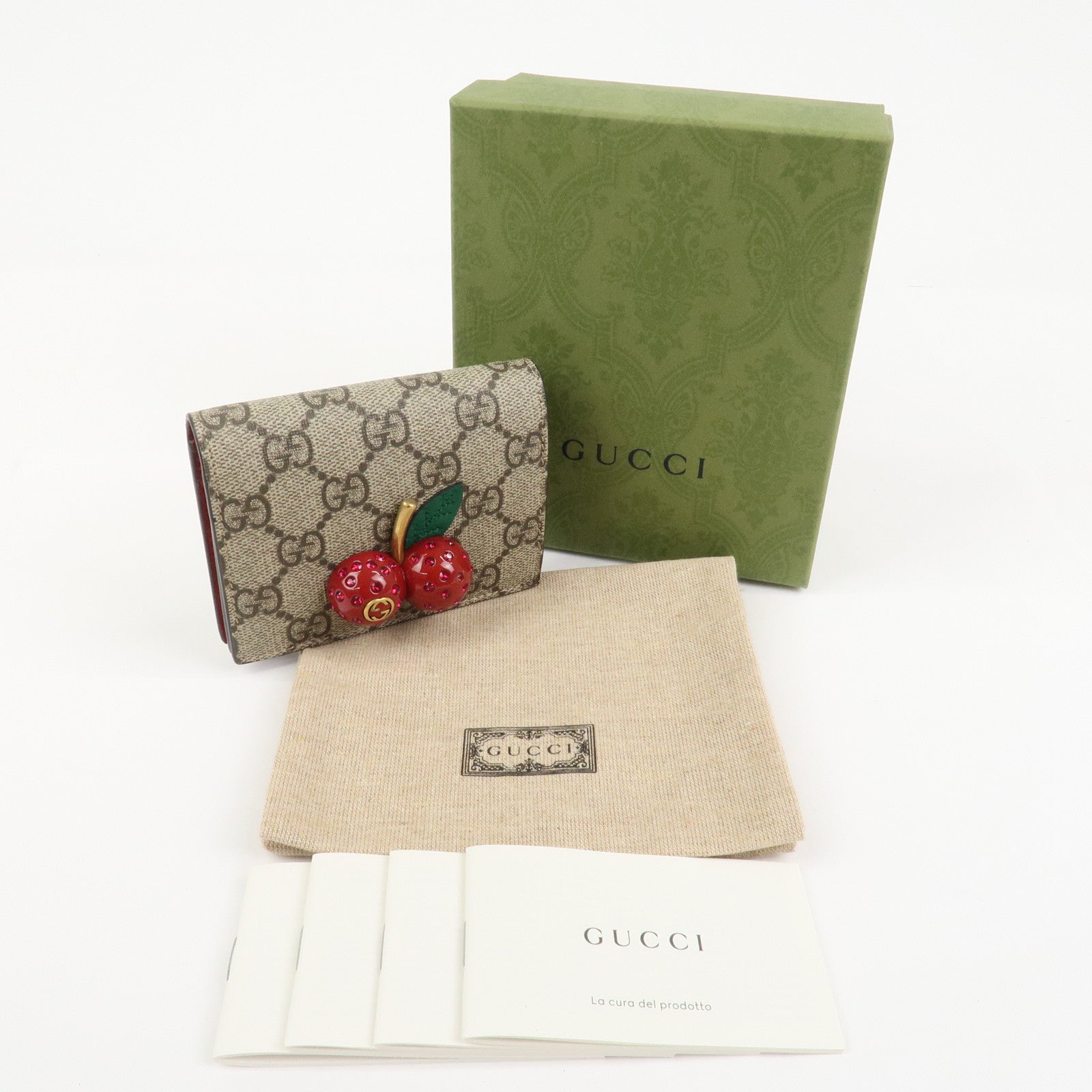 GUCCI Interlocking G GG Supreme Cherry Compact Wallet Beige 476050