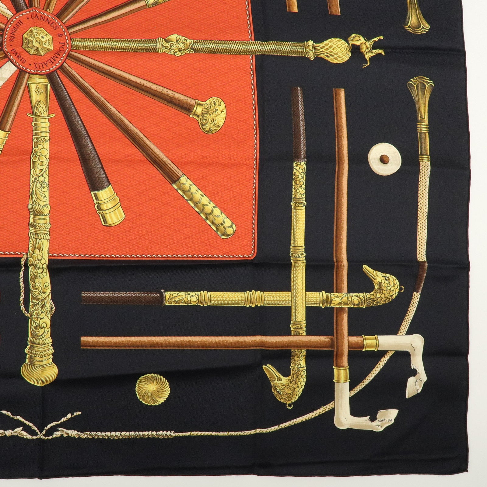 HERMES Carre 90 Silk 100% Scarf CANNES ET POMMEAUX Black Red Brown