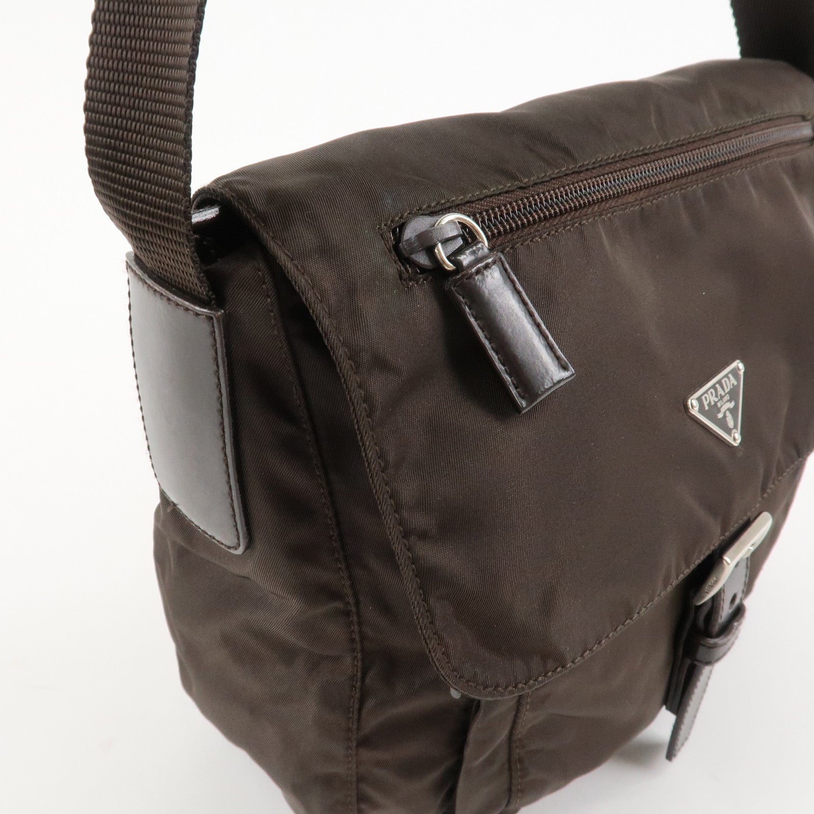 PRADA Triangle Logo Nylon Leather Shoulder Bag Crossbody Bag Brown Used