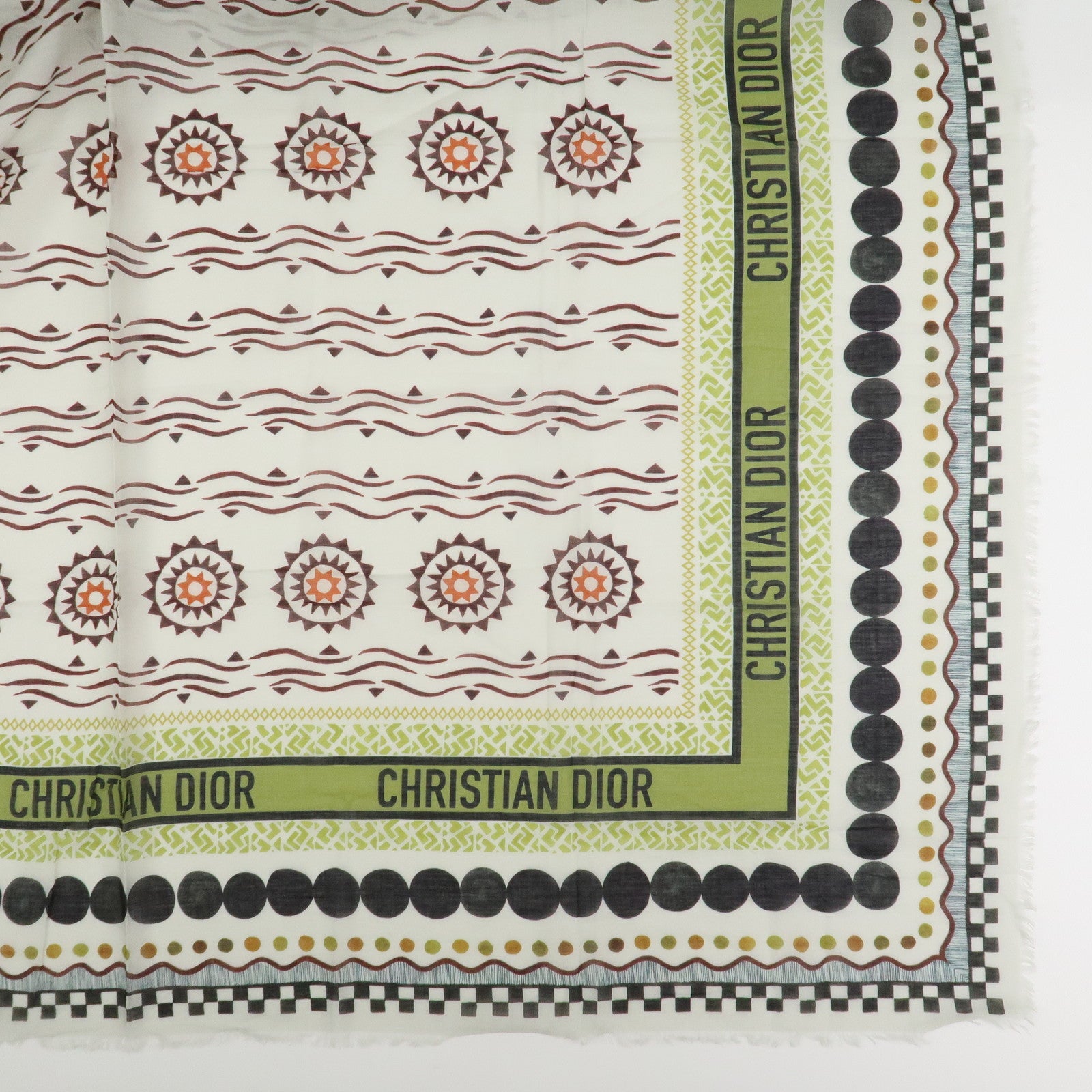 Christian Dior Logo Cotton 100% Scarf Geometric Motif Ivory Green