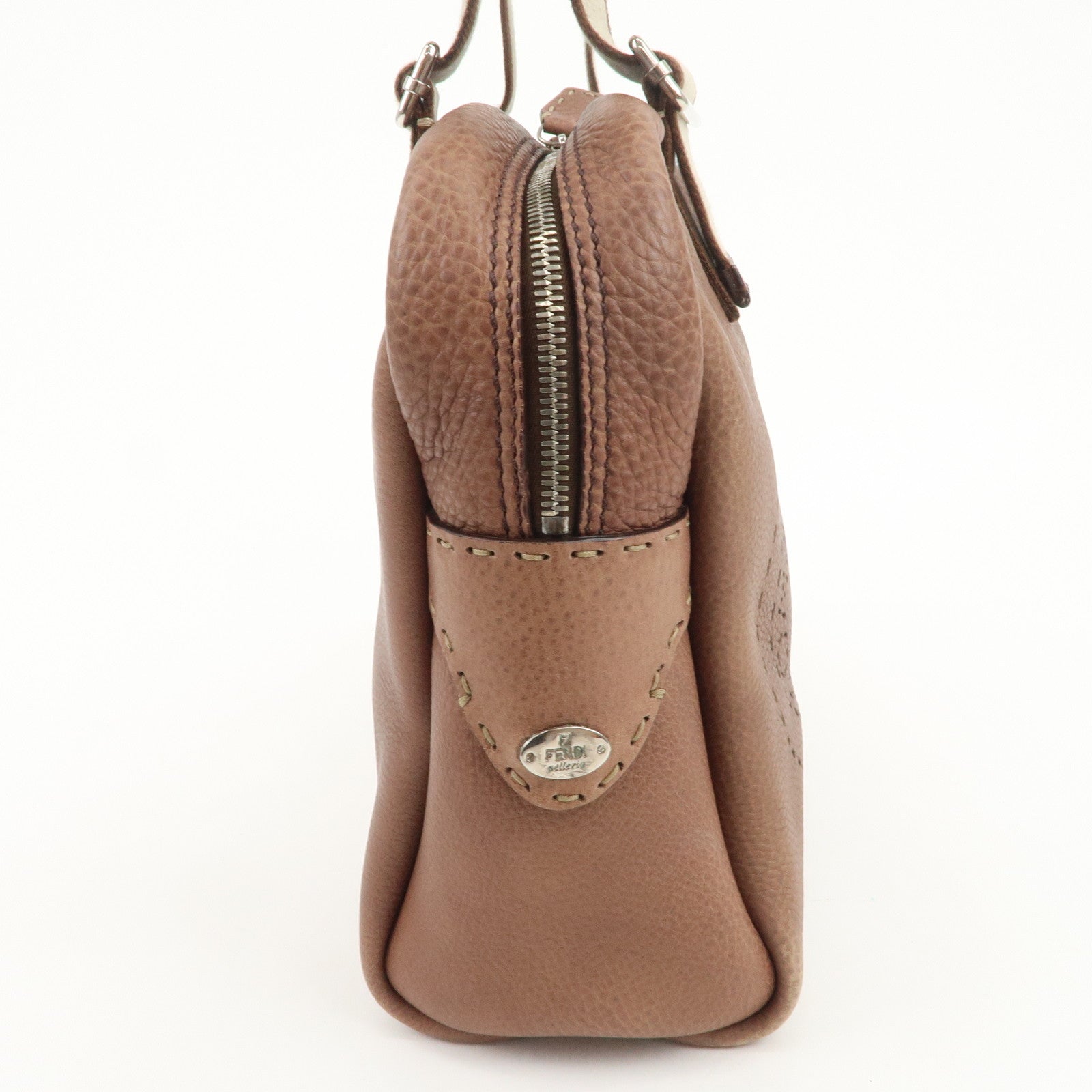 FENDI Selleria Leather Canvas Hand Bag Shoulder Bag Brown 8BL093