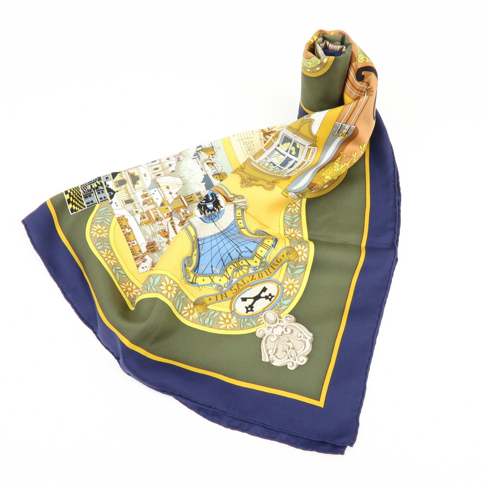 HERMES Carre 90 Silk 100% Scarf IN SALZBURG Beige Yellow Khaki