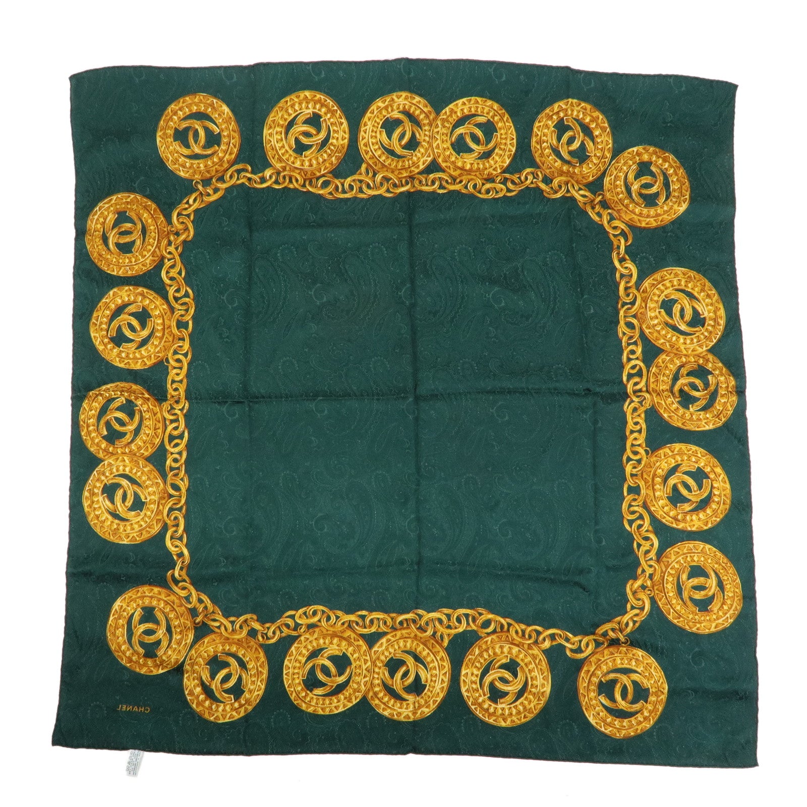 CHANEL COCO Mark Silk 100% Scarf Green Gold