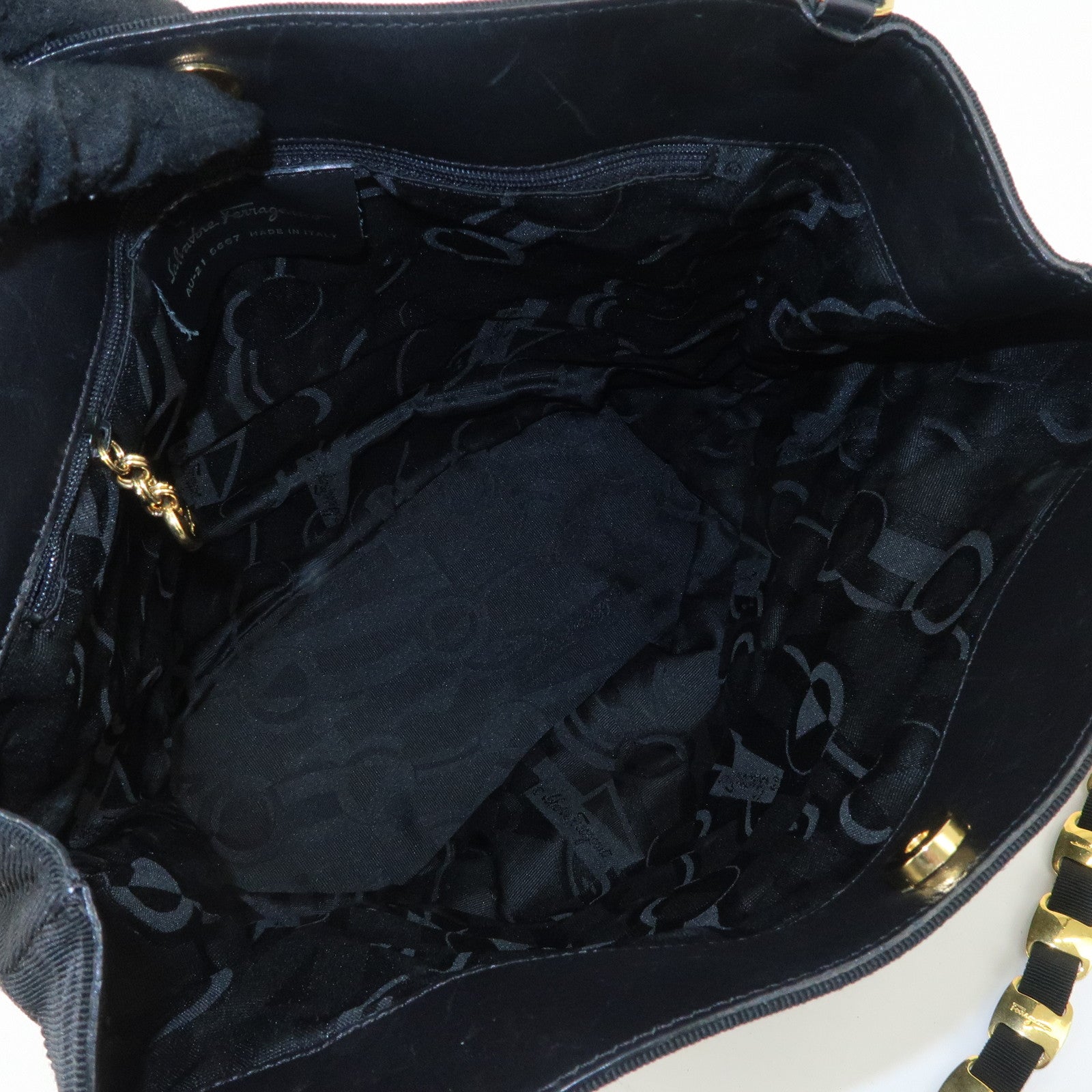 Ferragamo Leather Canvas Chain Tote Bag Hand Bag Black Gold Hardware Used