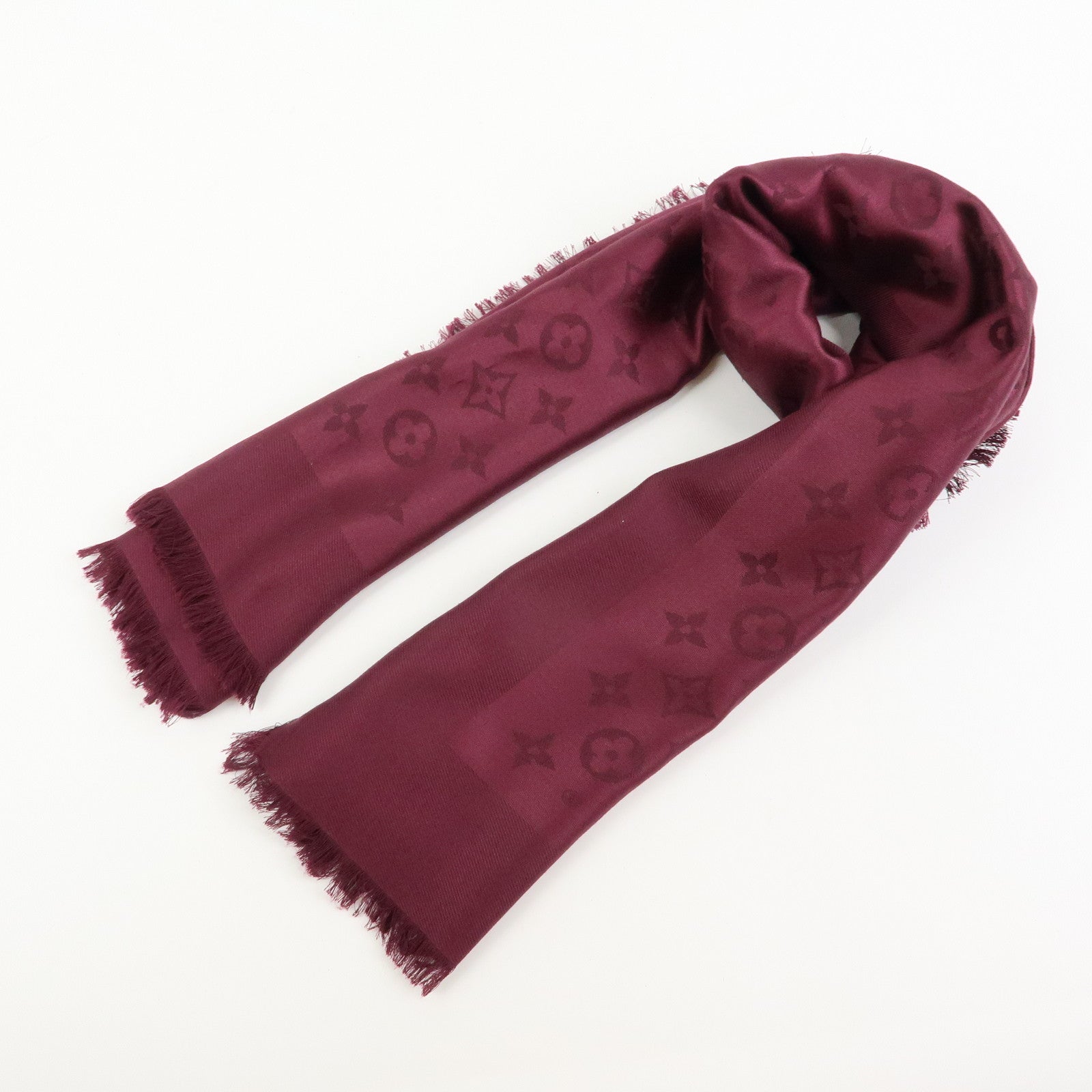 Louis Vuitton Monogram Shawl Silk Wool Large Scarf Burgundy M71359