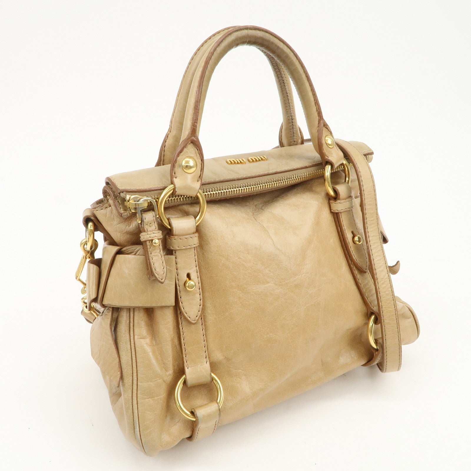 MIU MIU Logo Leather 2Way Bag Hand Bag Shoulder Bag Beige RT0438