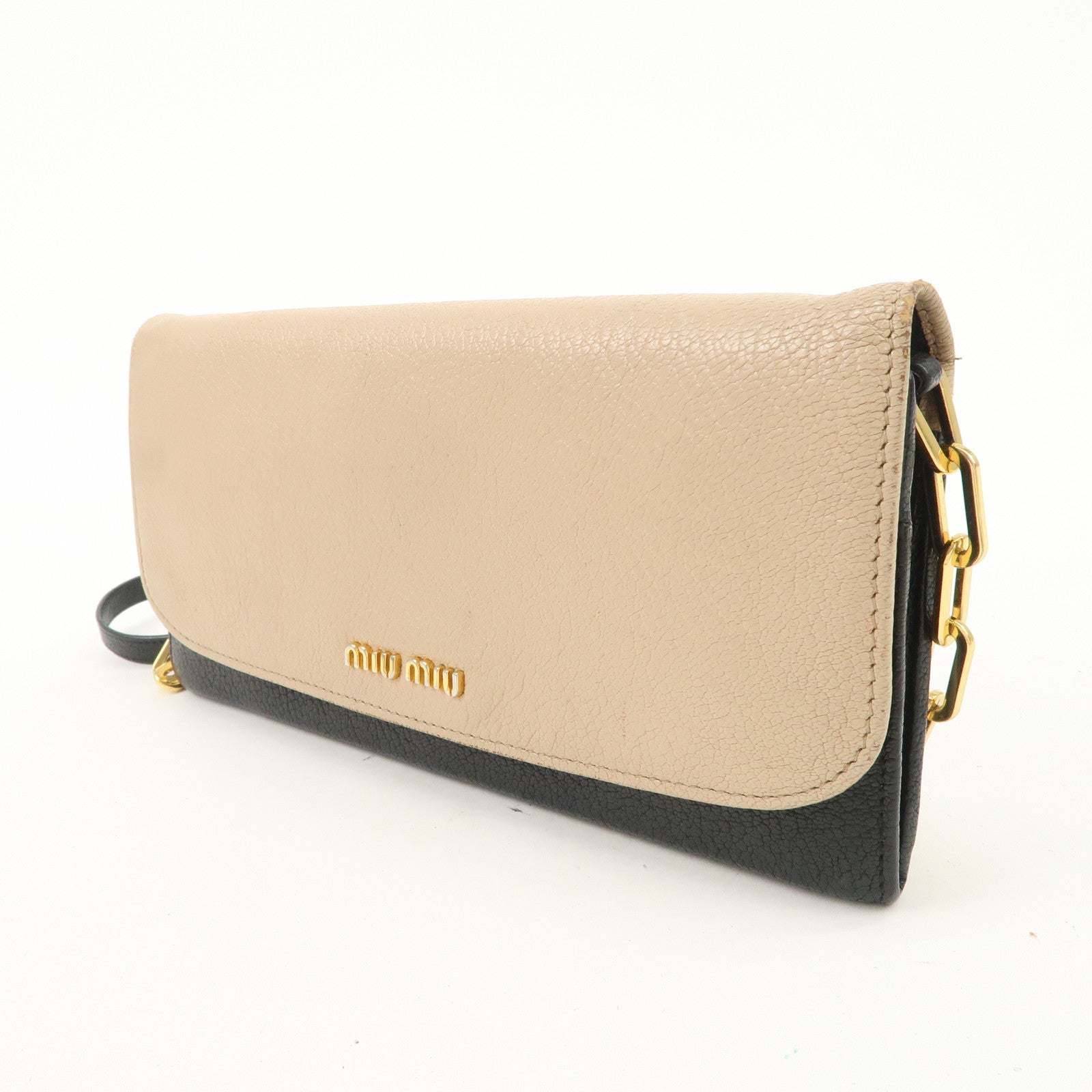 MIU MIU MADRAS Leather Chain Shoulder Wallet WOC Beige Black 5M1290