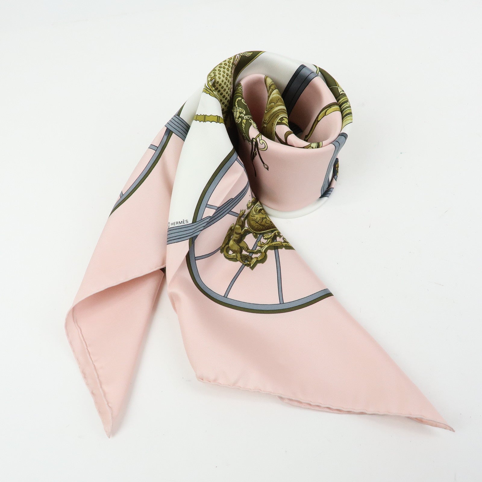 HERMES Carre 90 Silk 100% Scarf SPRINGS Light Pink Gold Grey
