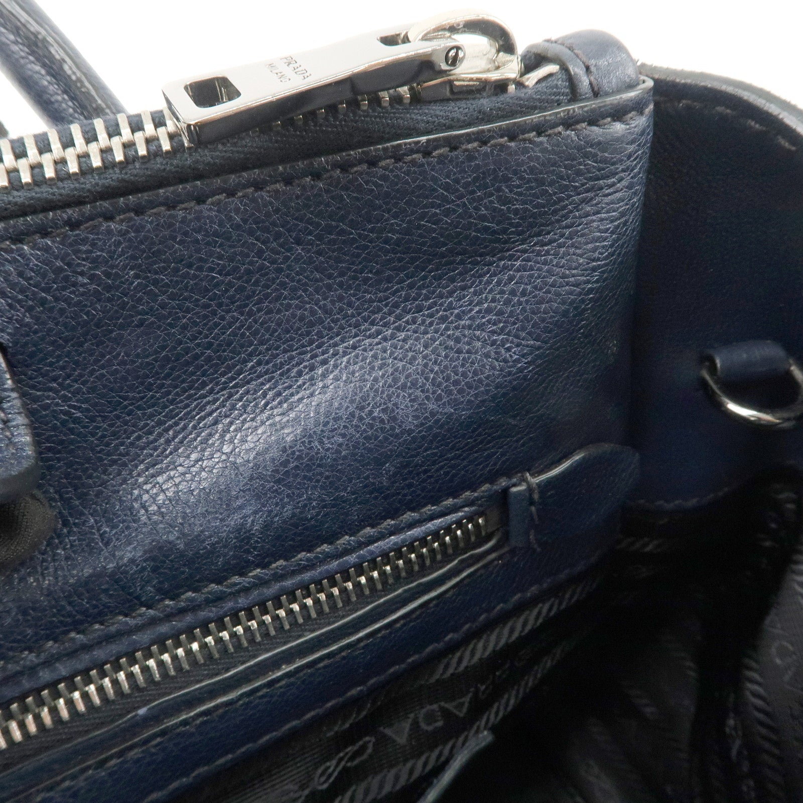 PRADA Triangle Logo Leather 2Way Bag Tote Bag Hand Bag Navy B2625M