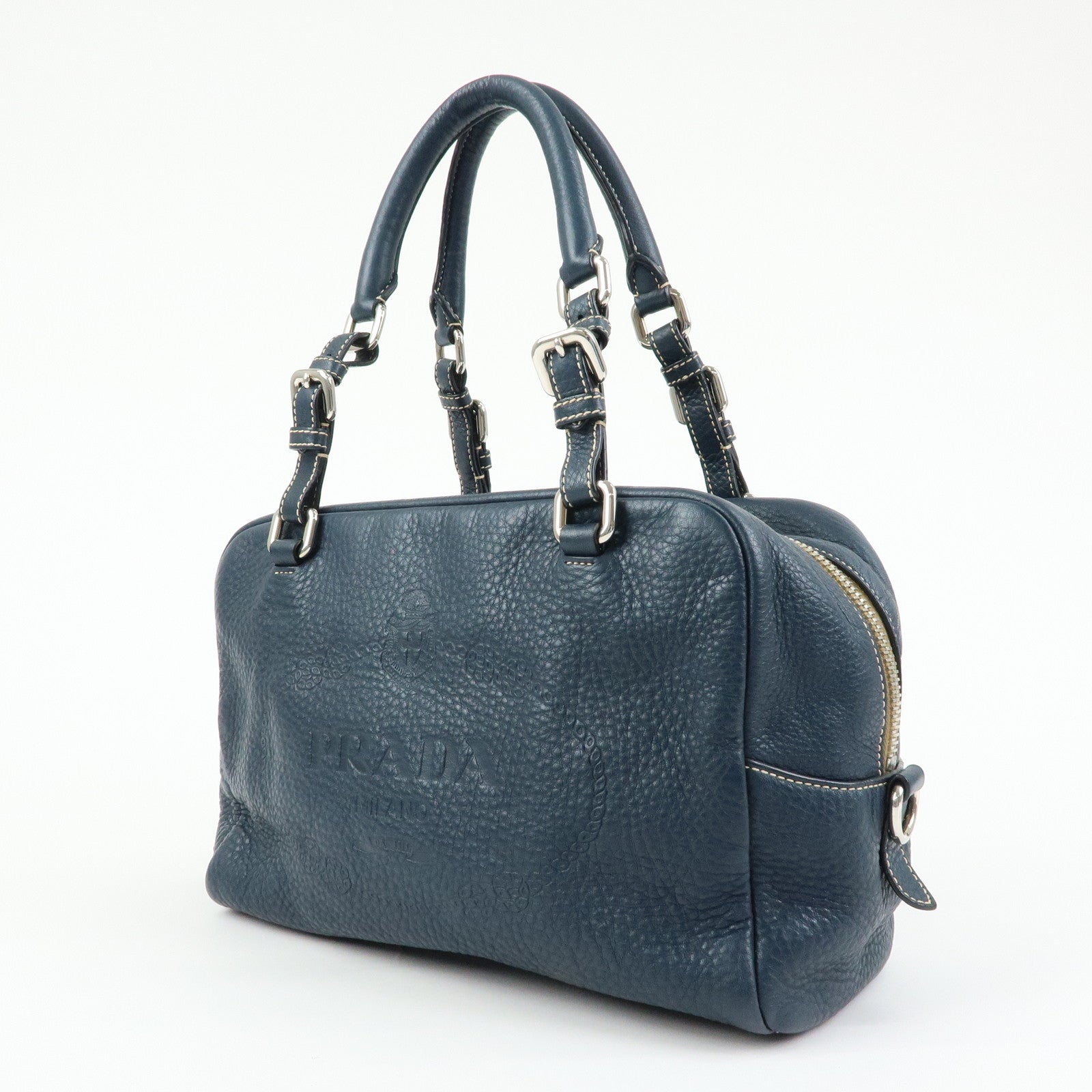 PRADA Calf Leather Boston Bag Shoulder Bag Hand Bag Navy BR3091